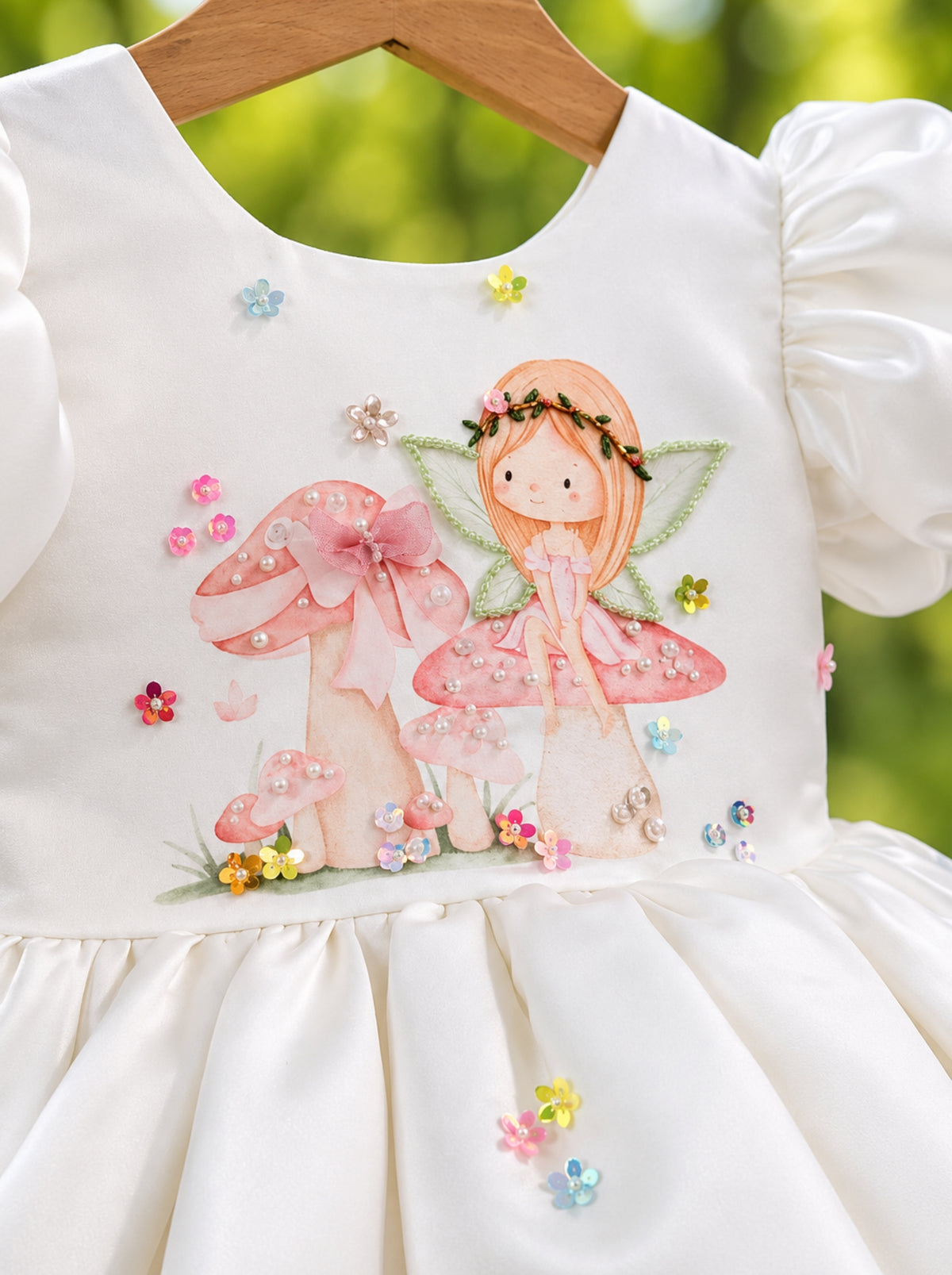 Flower Fairy bodice detail on white fairy dress for girls