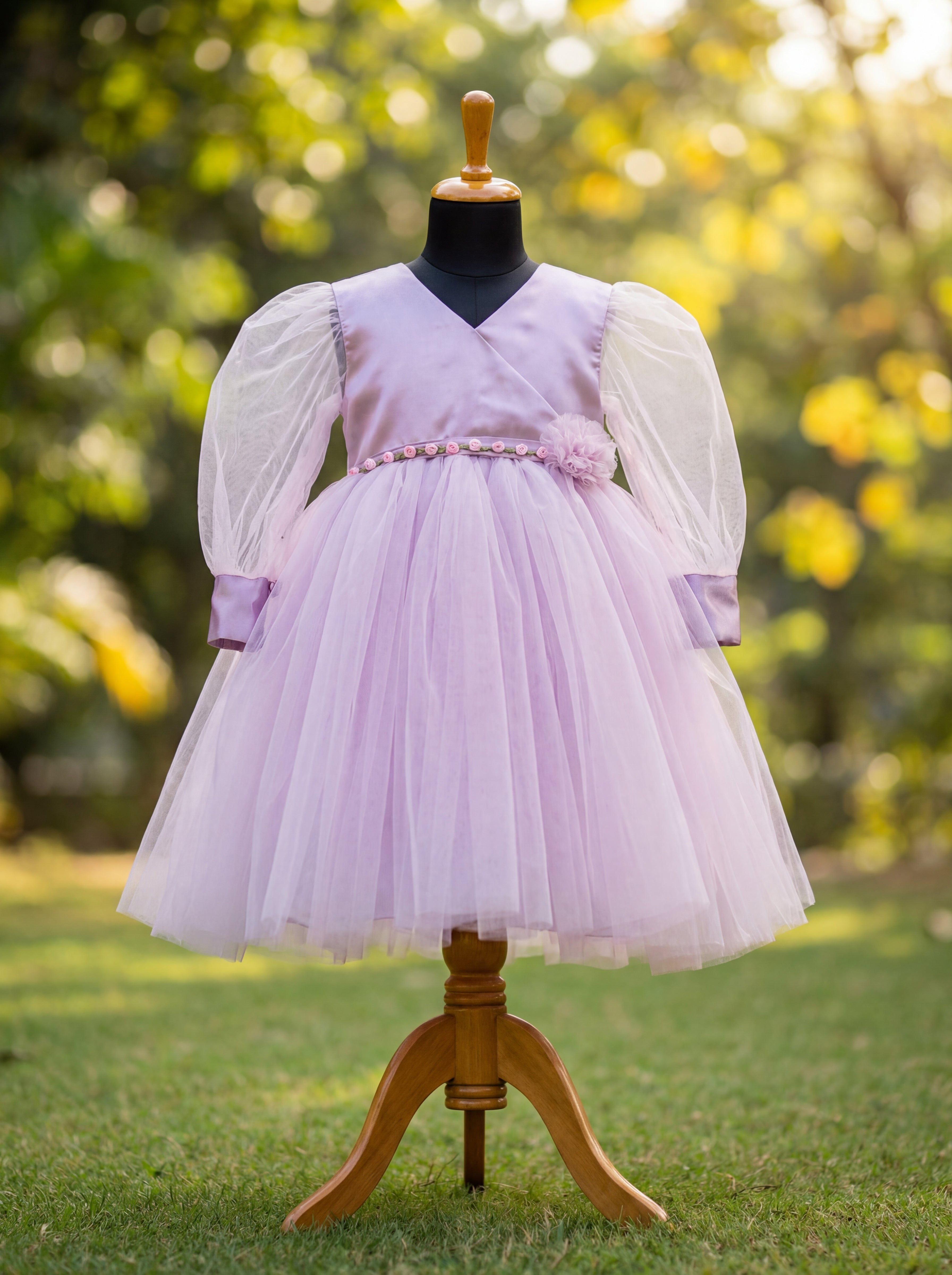 Lavender Satin & Tulle Flower Girl Dress with Puff Sleeves and Back Bow | Special Occasion Dress for Girls