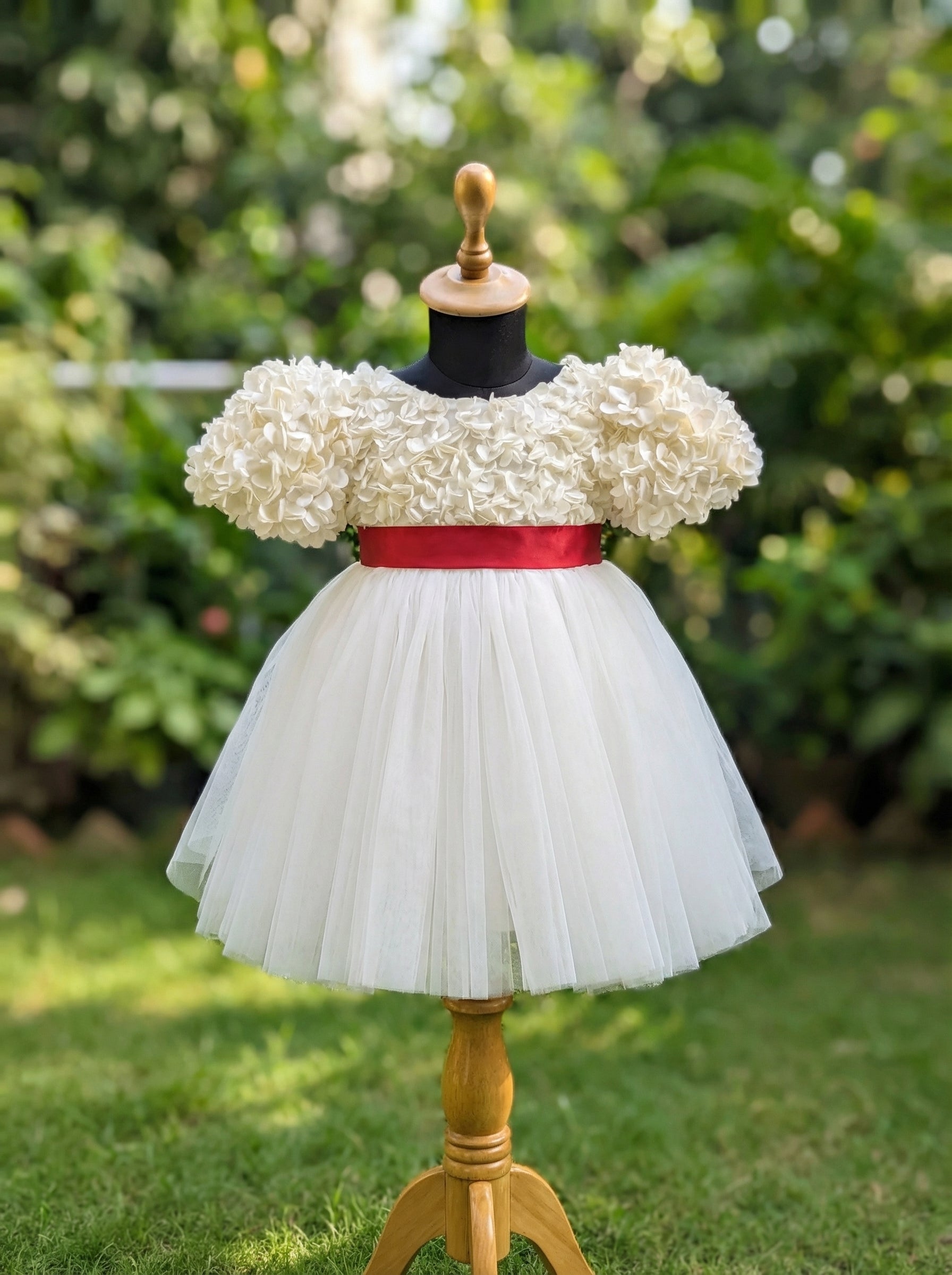 Off-White Floral Party Dress for Girls | 3D Flower Fabric Bodice with Red Bow | Birthday & Occasion Tulle Dress