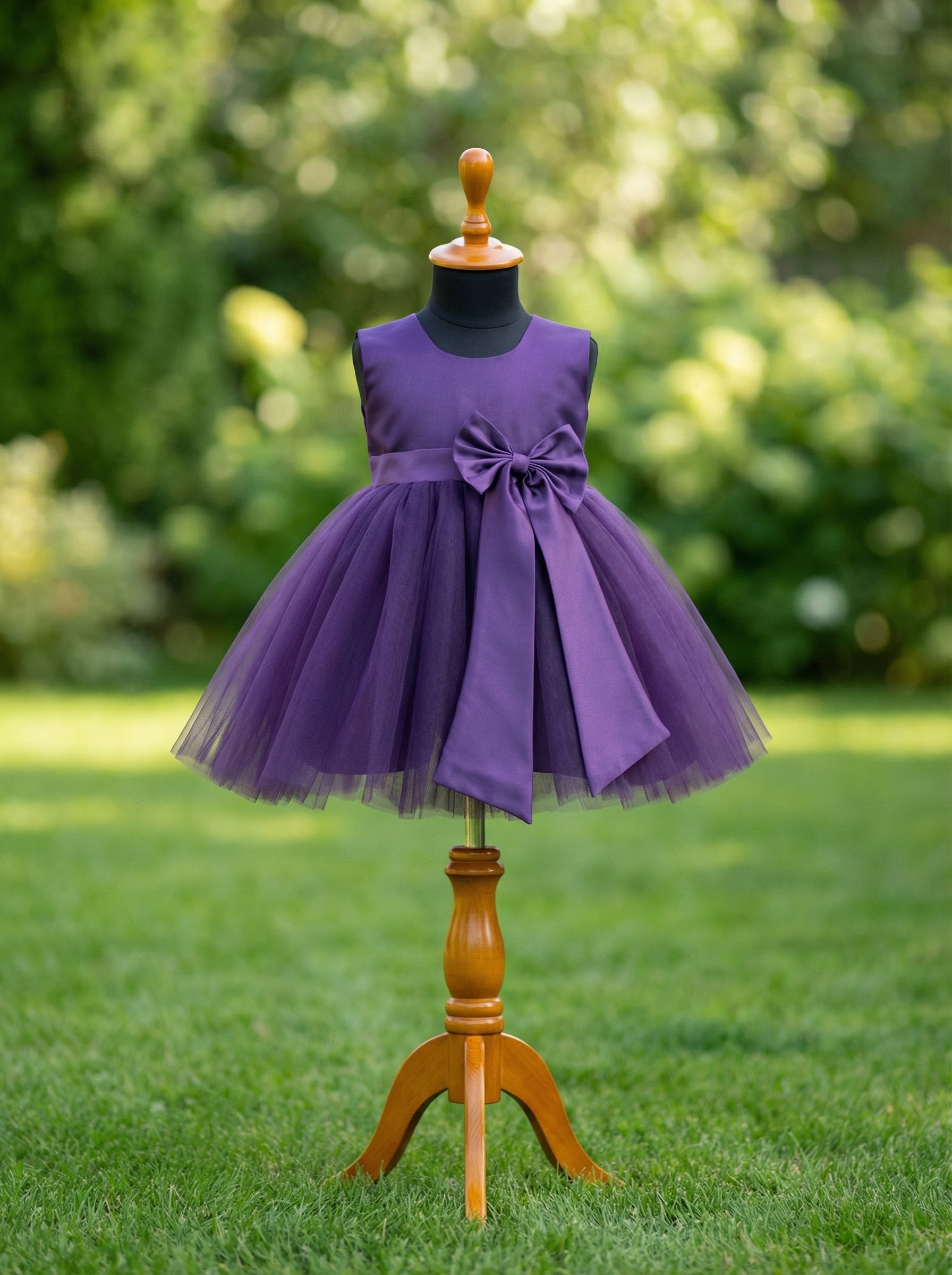 Purple Tulle Party Dress for Girls | Sleeveless Satin Bodice with Bow | Birthday & Special Occasion Dress