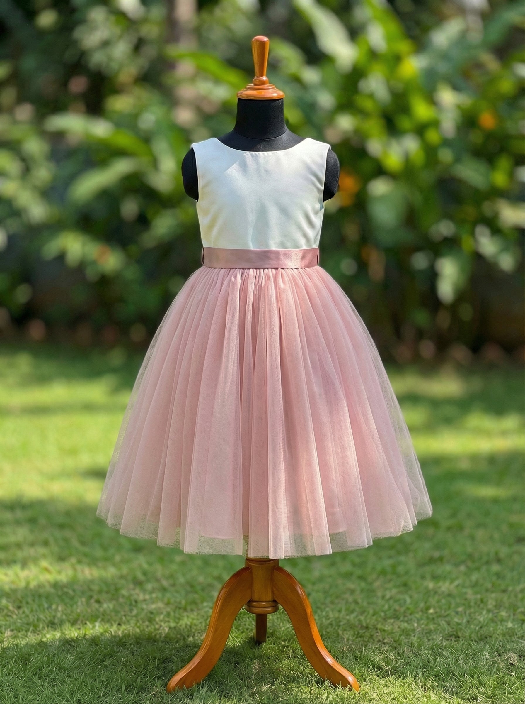 Dusty Rose Flower Girl Dress for Weddings | Off-White Bridal Satin Bodice with Bow Back & Soft Tulle Skirt | Lauren Ann Couture