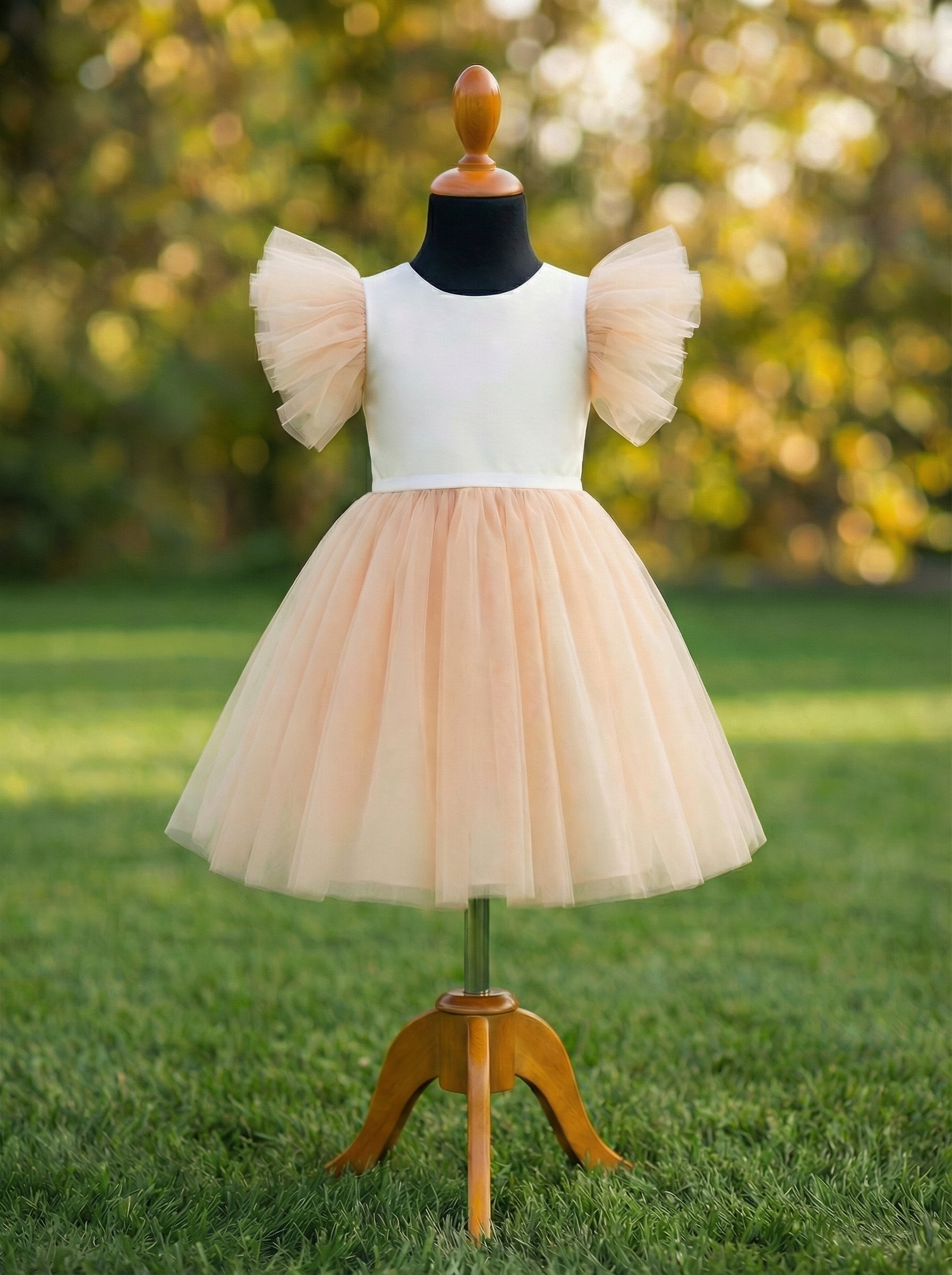 Champagne Flower Girl Dress for Weddings | Off-White Bridal Satin Bodice with Bow Back & Soft Tulle Skirt | Lauren Ann Couture