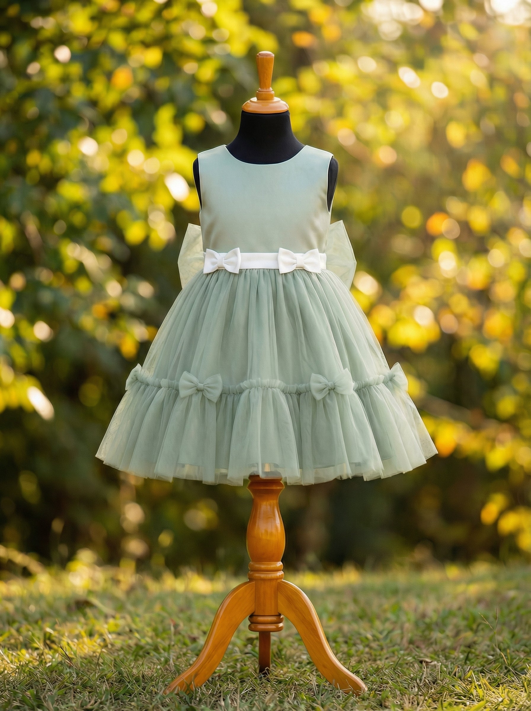 Sage Green Flower Girl Dress | Bridal Satin Bodice & Tulle Skirt | Knee Length Party Dress for Girls