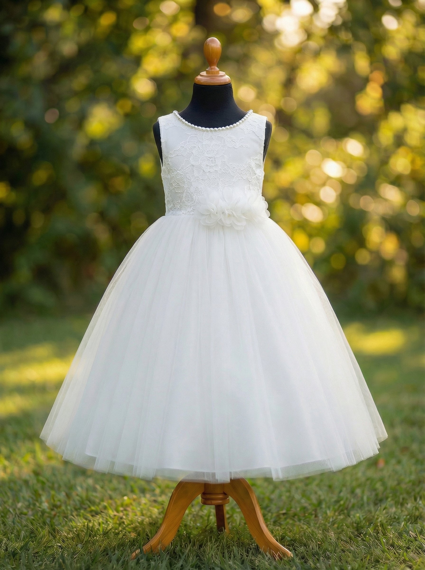 White Lace & Tulle Flower Girl Dress | Communion Dress | Navjote Ceremony Dress | Back Bow Party Dress for Girls