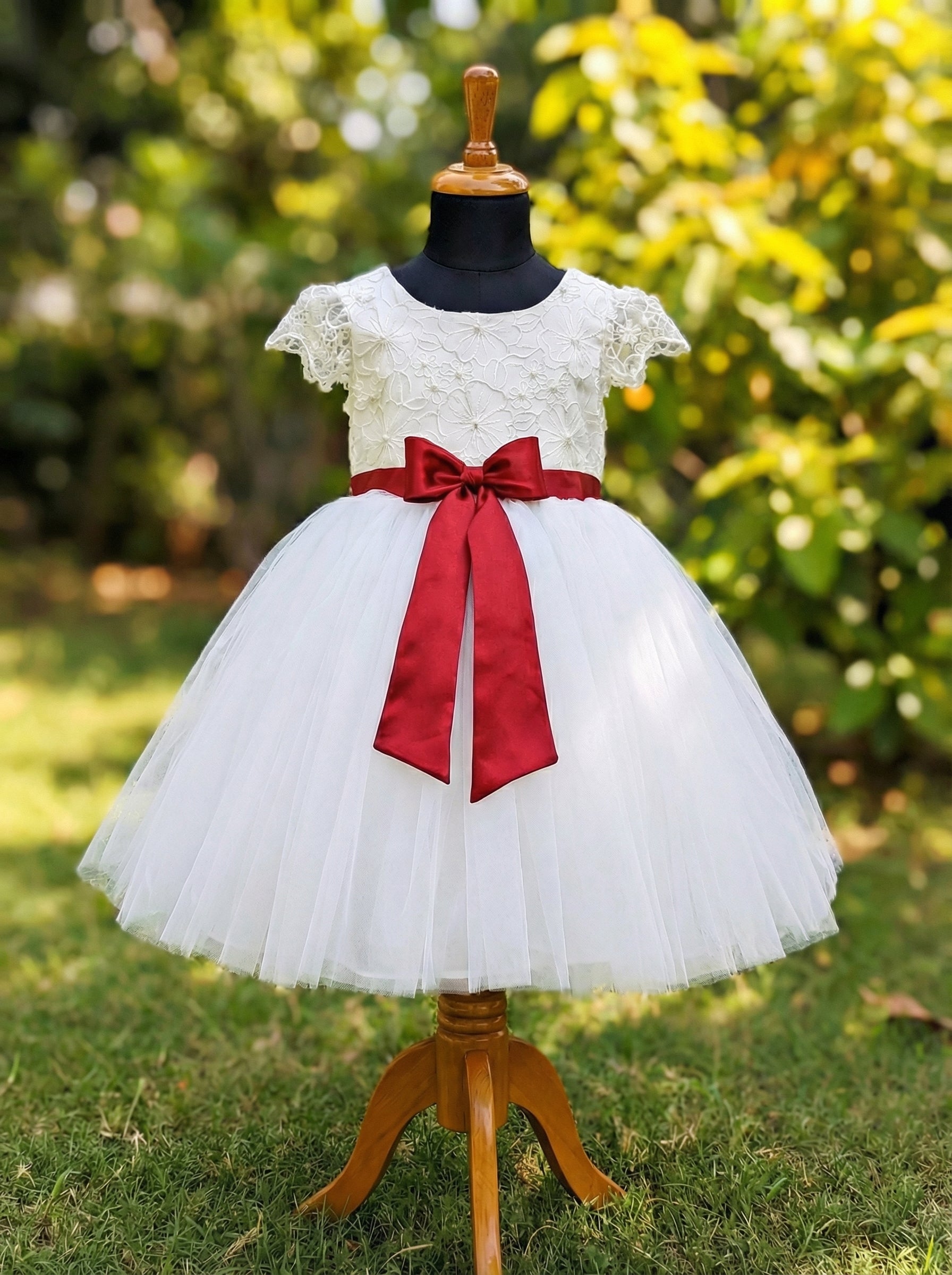 White Floral Lace & Tulle A-Line Flower Girl Dress with Red Satin Bow | Navjote Ceremony Dress | Special Occasion Dress for Girls