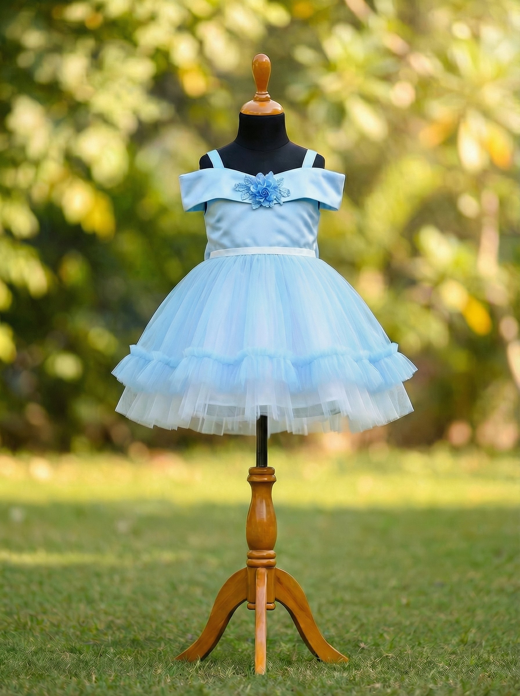 Powder Blue Satin & Tulle Flower Girl Dress with Off-Shoulder Neckline and Back Bow | Party Dress for Girls