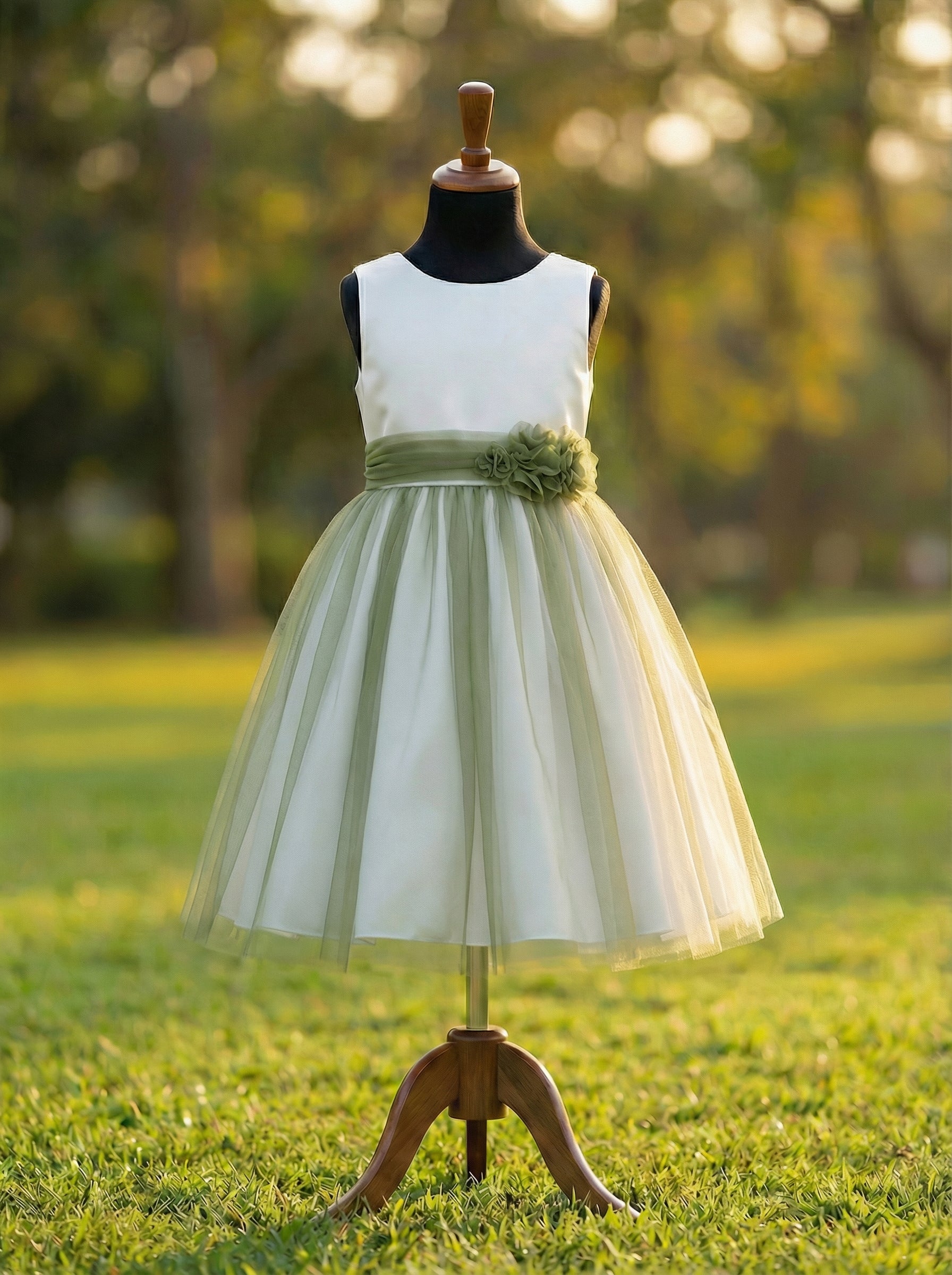Ivory & Olive Green A-Line Flower Girl Dress | Olive Green Wedding Theme Dress | Elegant Special Occasion Dress for Girls