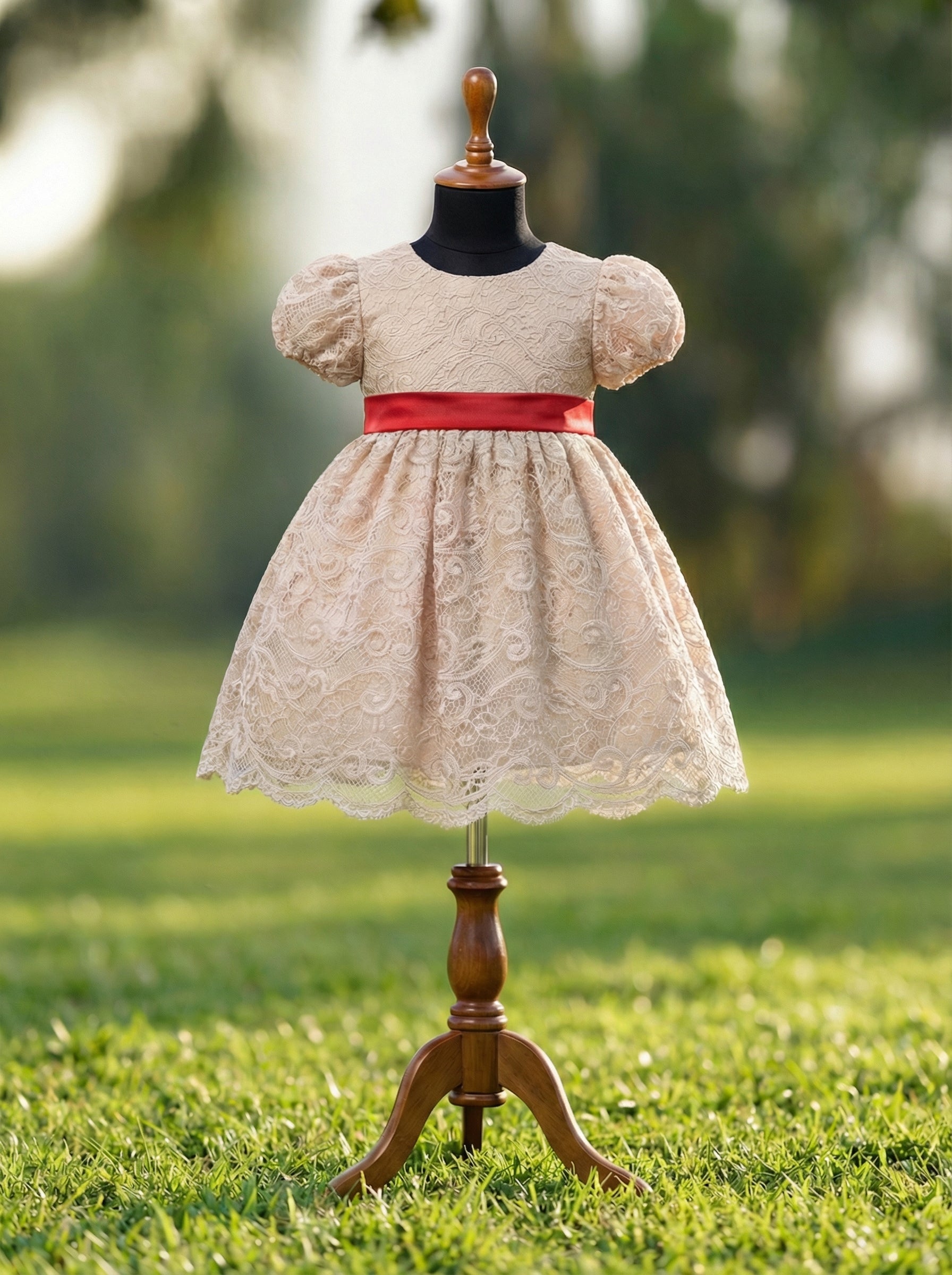 Dark Champagne Lace Flower Girl Dress with Red Satin Sash and Back Bow | Vintage Party Dress for Girls