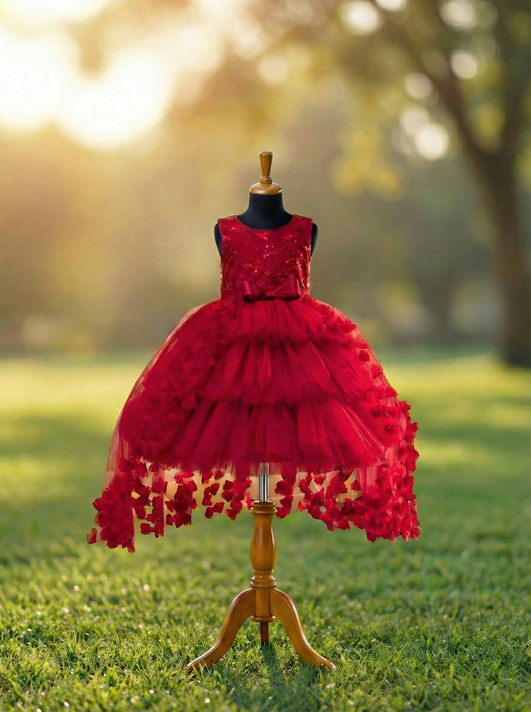 Premium Couture Red Floral Appliqué Party Dress for Girls | Handcrafted Statement Gown