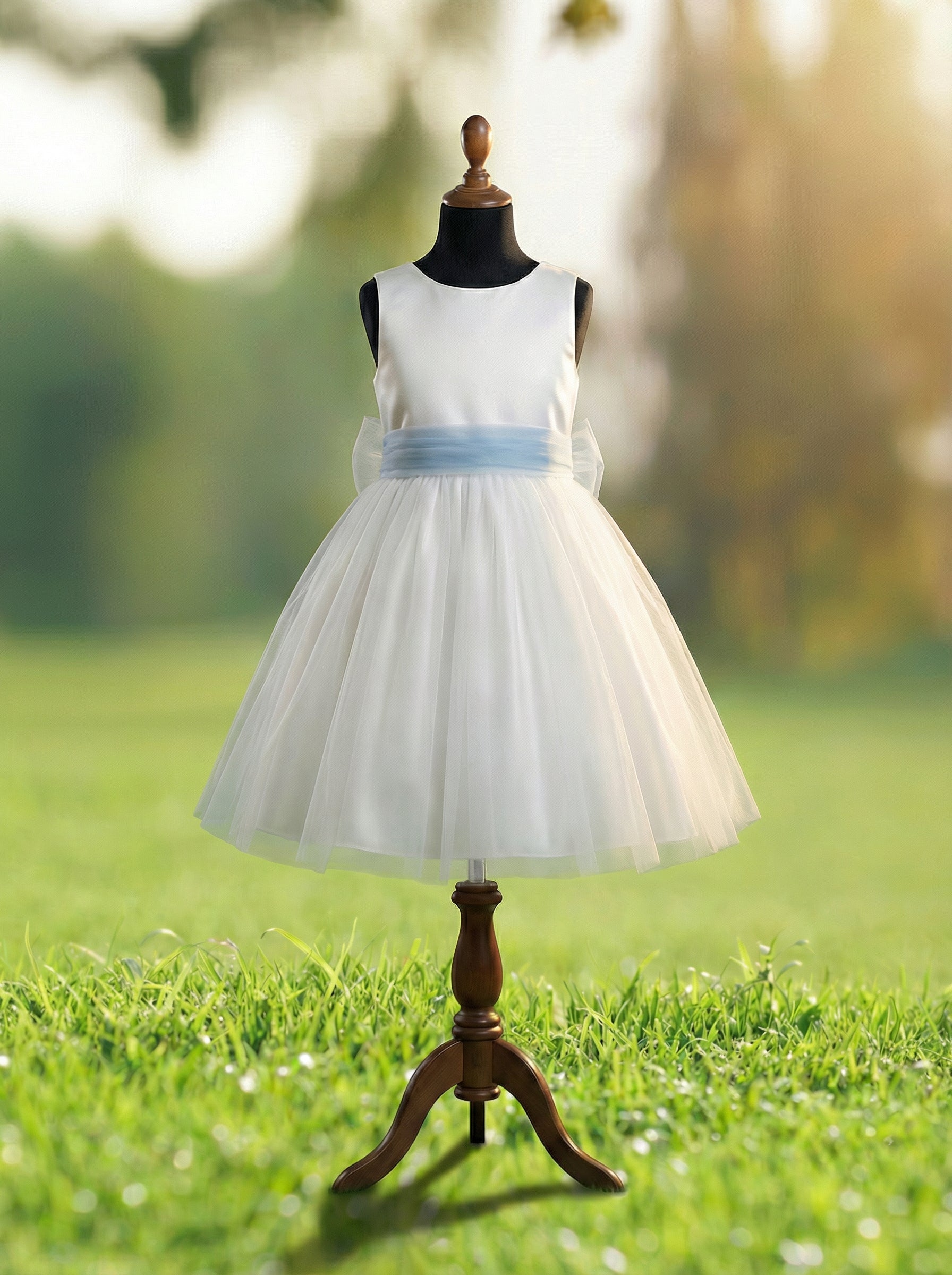 White Bridal Satin Flower Girl Dress with Powder Blue Bow | Powder Blue Wedding Theme Dress for Kids