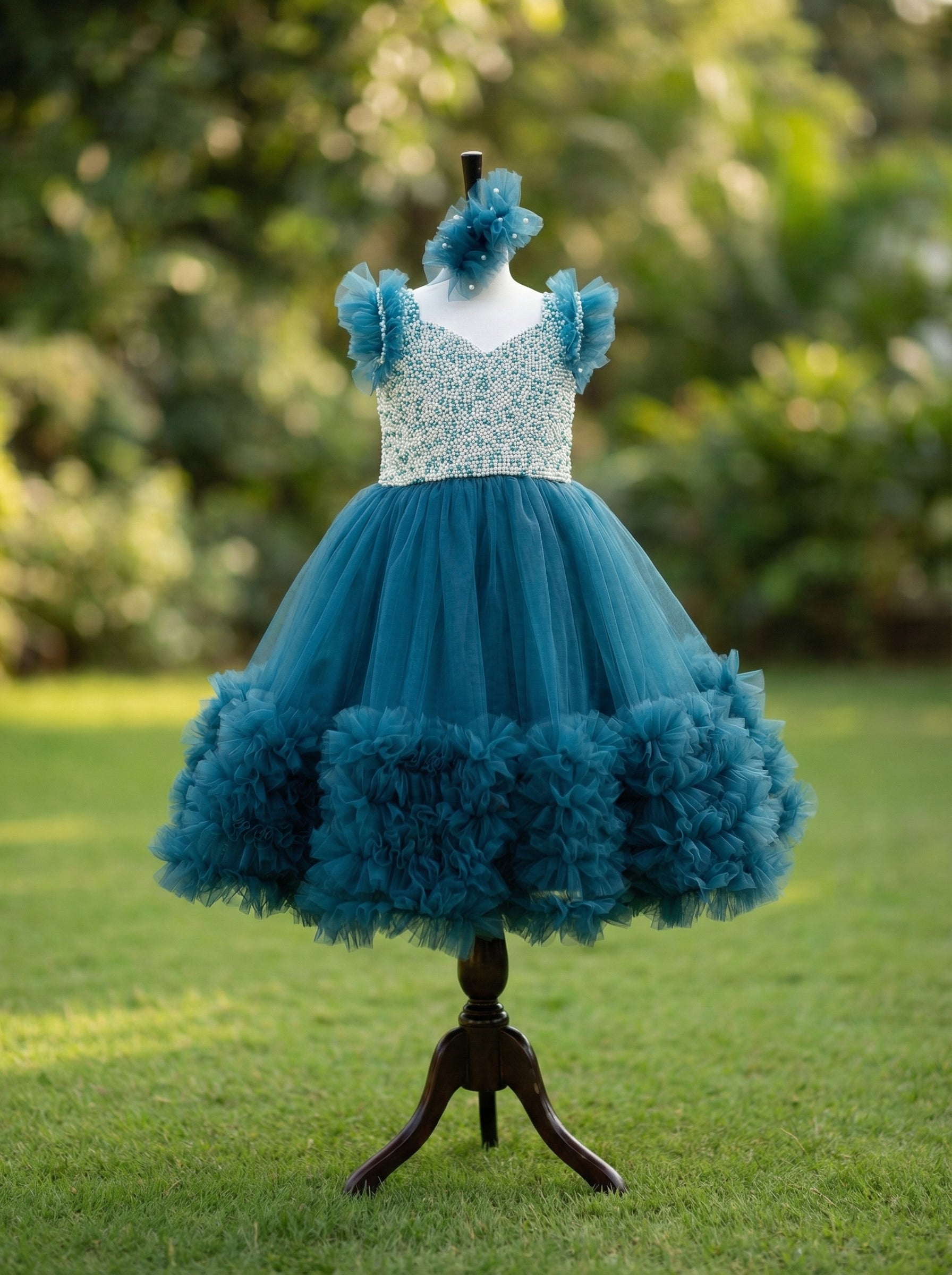 Teal Pearl Embellished Party Dress for Girls | Layered Tulle Skirt with Ruffled Hem & Bow Back | Lauren Ann Couture