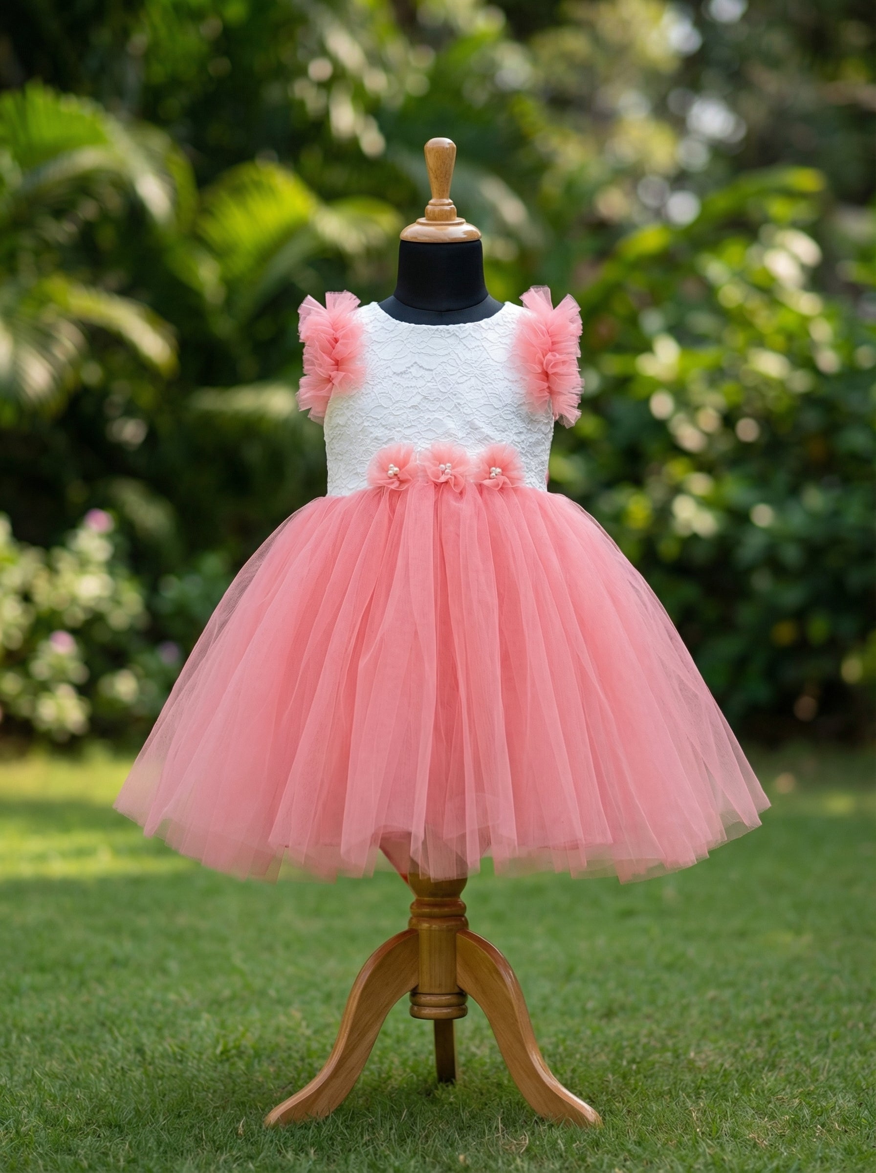 Blush Pink Tulle Party Dress for Girls | White Lace Bodice with Floral Waist & Bow Back | Lauren Ann Couture