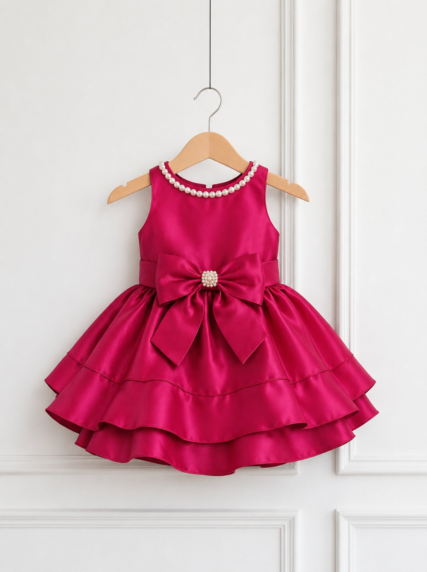 Fuchsia pink satin party dress for girls with pearl neckline, embellished front bow and layered skirt, front view.