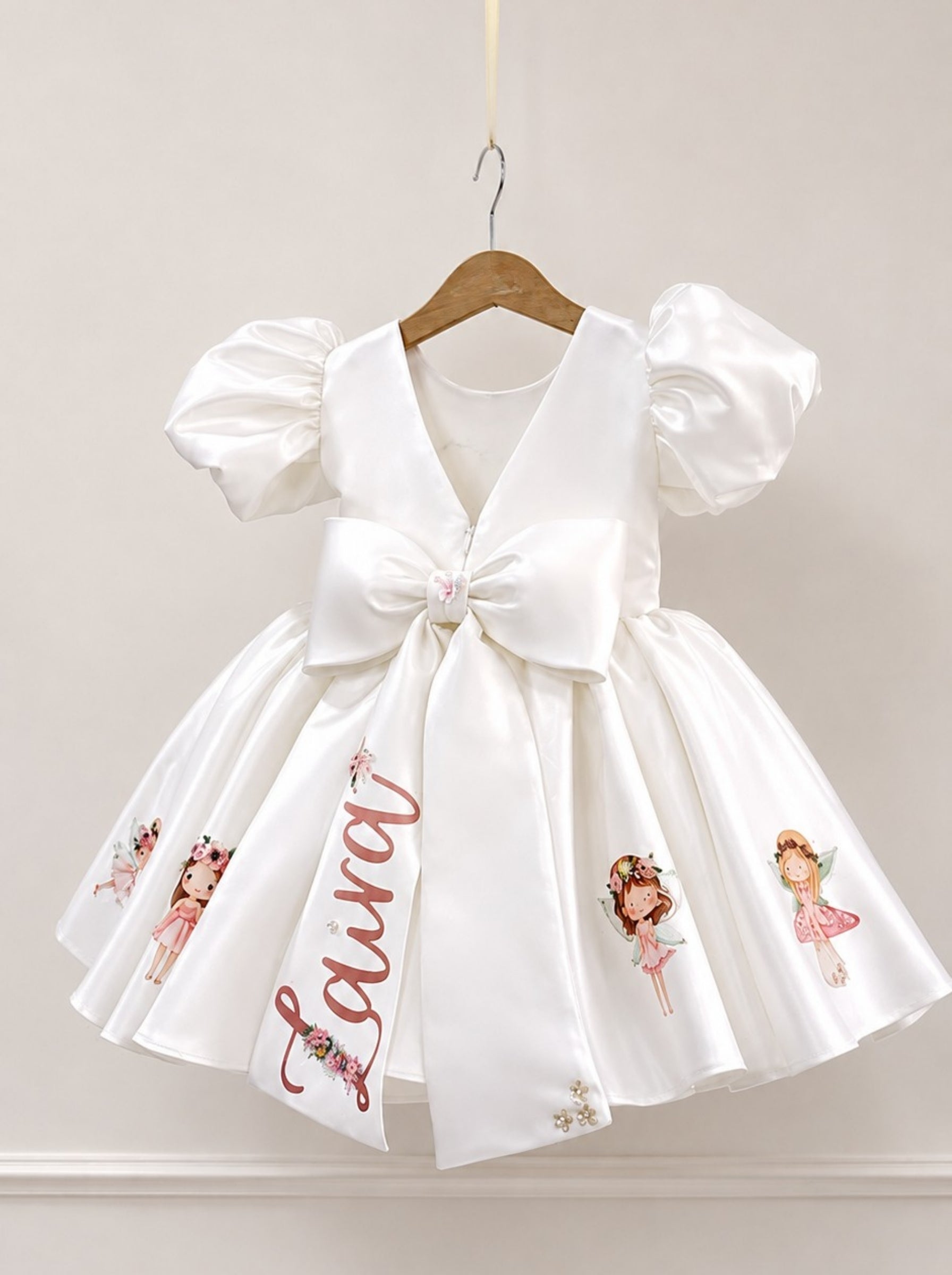 White fairy birthday dress for girls made with Duchess Satin with custom name