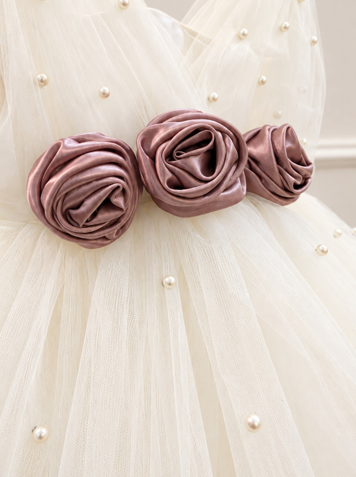 Ivory tulle dress for girls with dusty rose floral embellishments