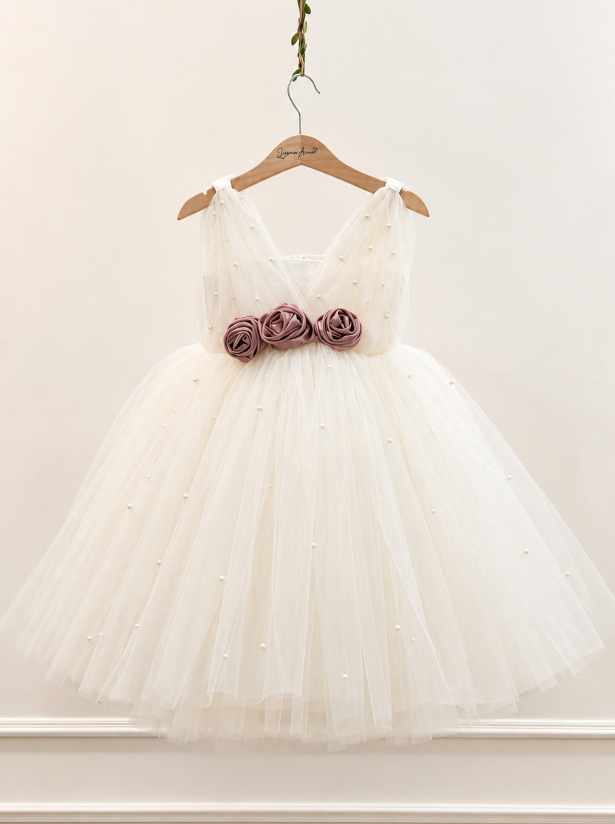 Ivory tulle flower girl dress for girls with pearl embellishments