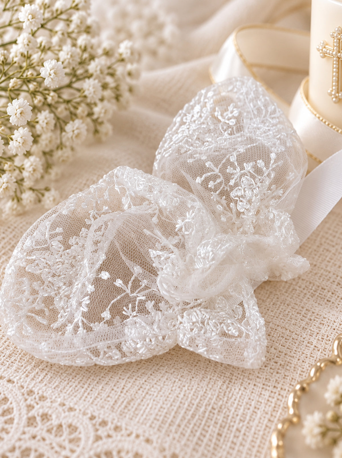 Matching white lace Baptism mittens for baby girl