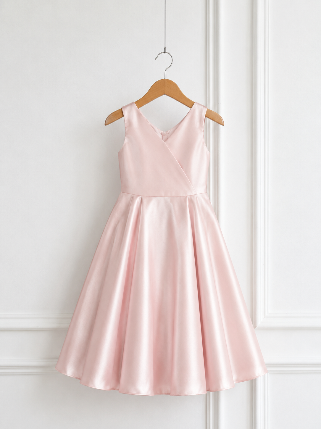 Blush pink satin party dress for girls with sleeveless V-neck bodice and full pleated A-line skirt, front view.