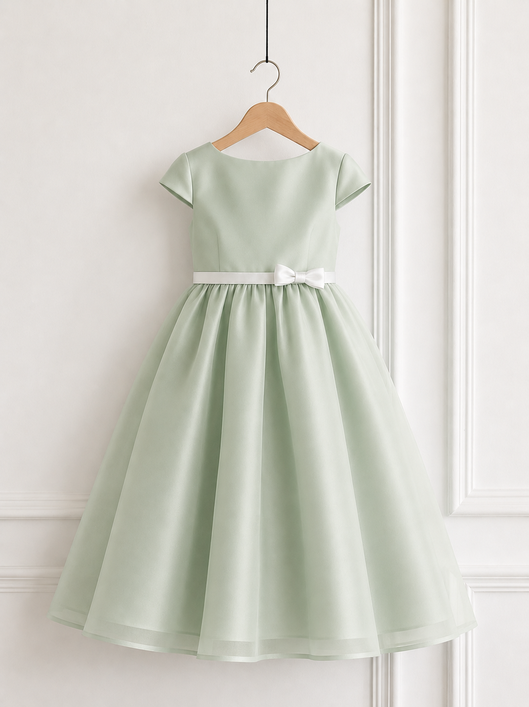 Pastel sage green flower girl dress for girls featuring a bateau neckline, cap sleeves, white satin waist belt and full organza A-line skirt.