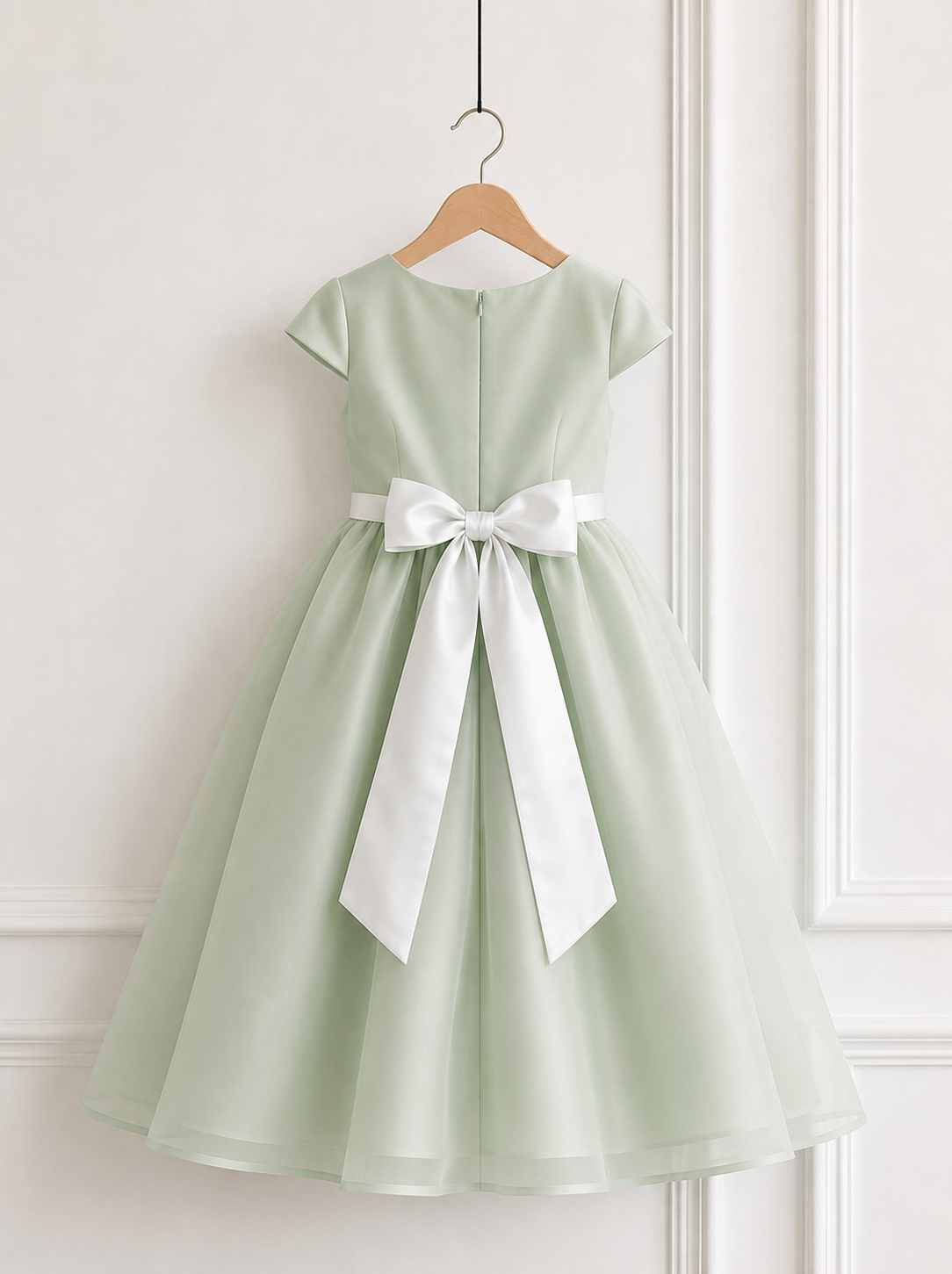 Back view of a pastel sage green flower girl dress featuring a large white satin bow, concealed back zip and full organza A-line skirt.