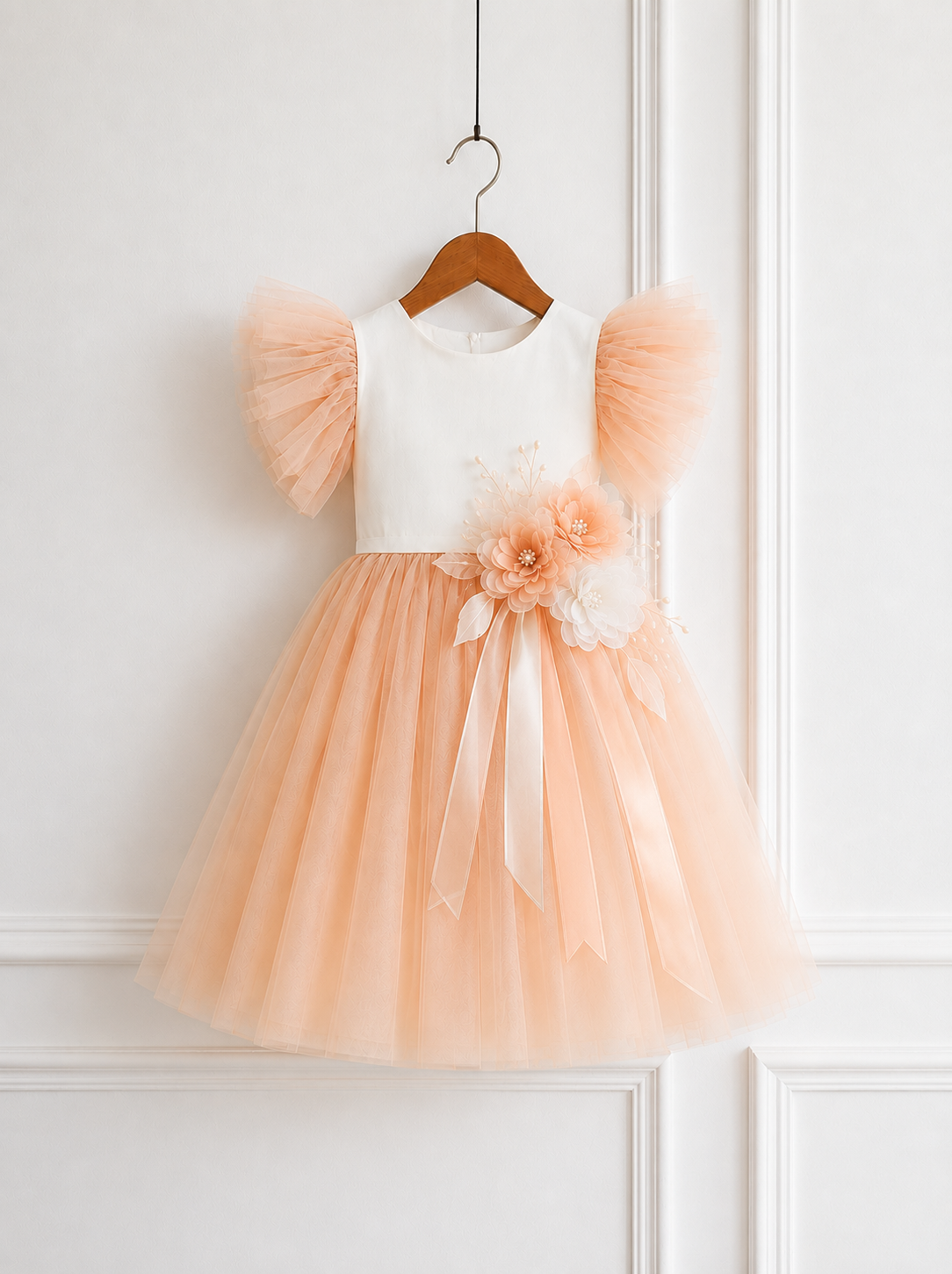 Lauren Ann peach and ivory tulle party dress for girls with ruffle sleeves and 3D floral waist detail, front view