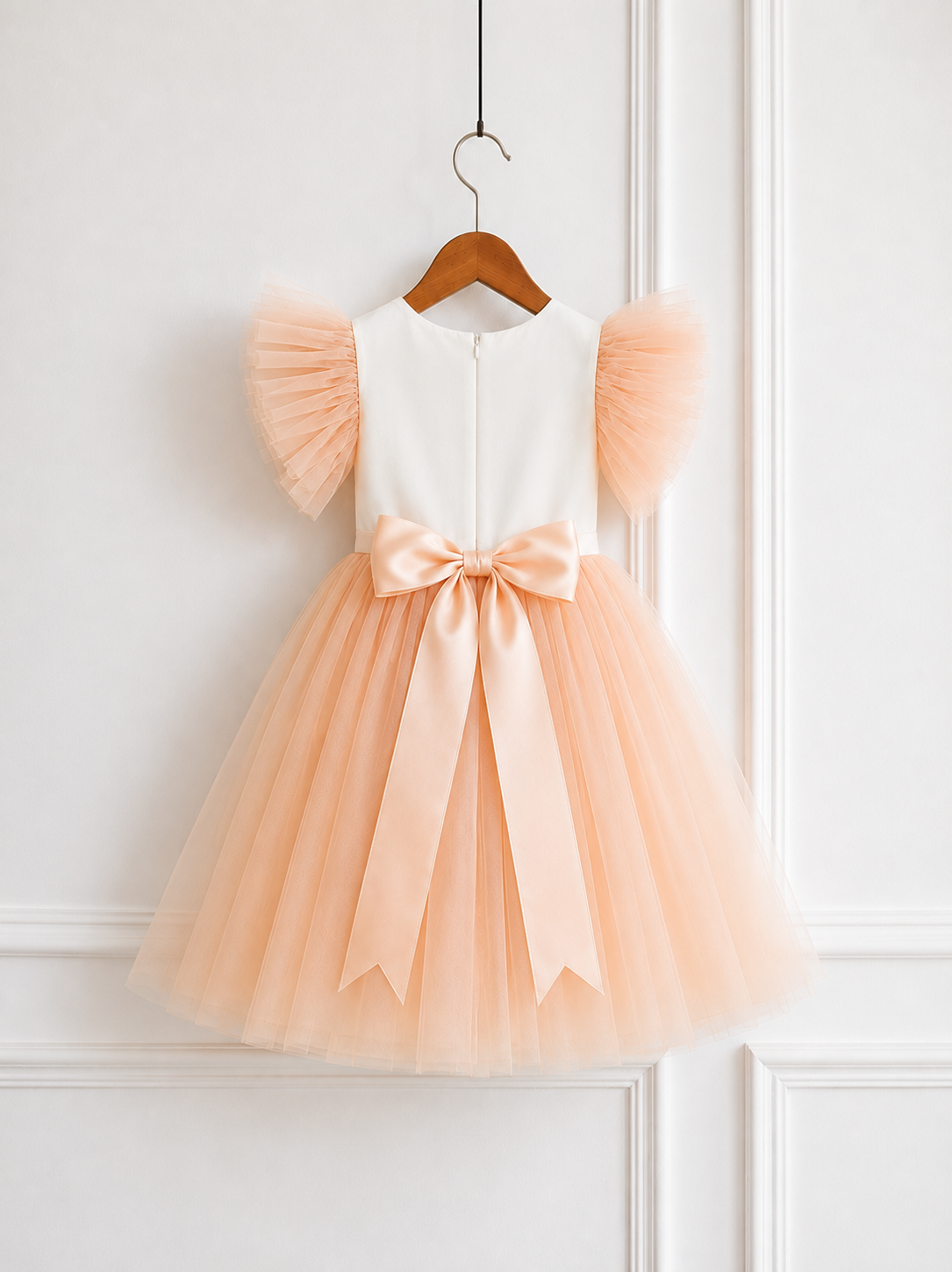 Back view of Lauren Ann peach and ivory girls party dress with layered tulle sleeves, concealed zip and satin bow