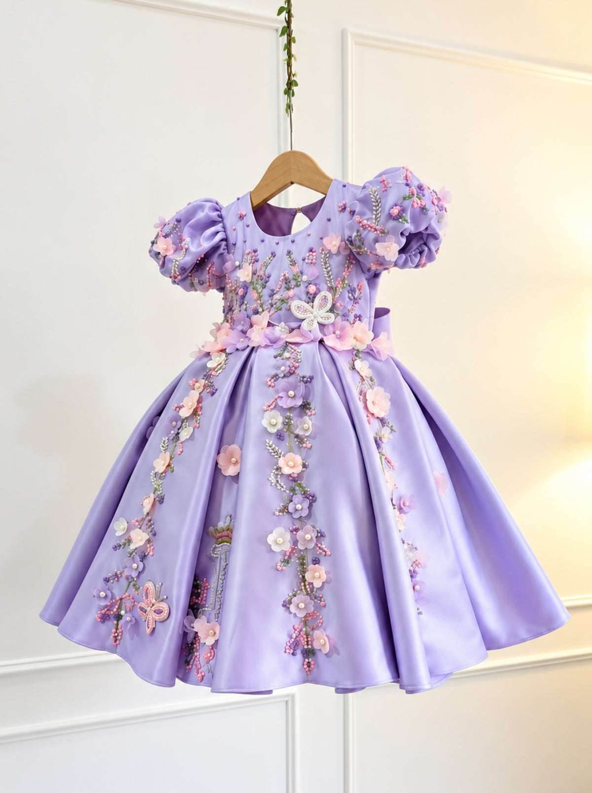Lavender floral couture dress for girls with 3D flowers and hand embellished details