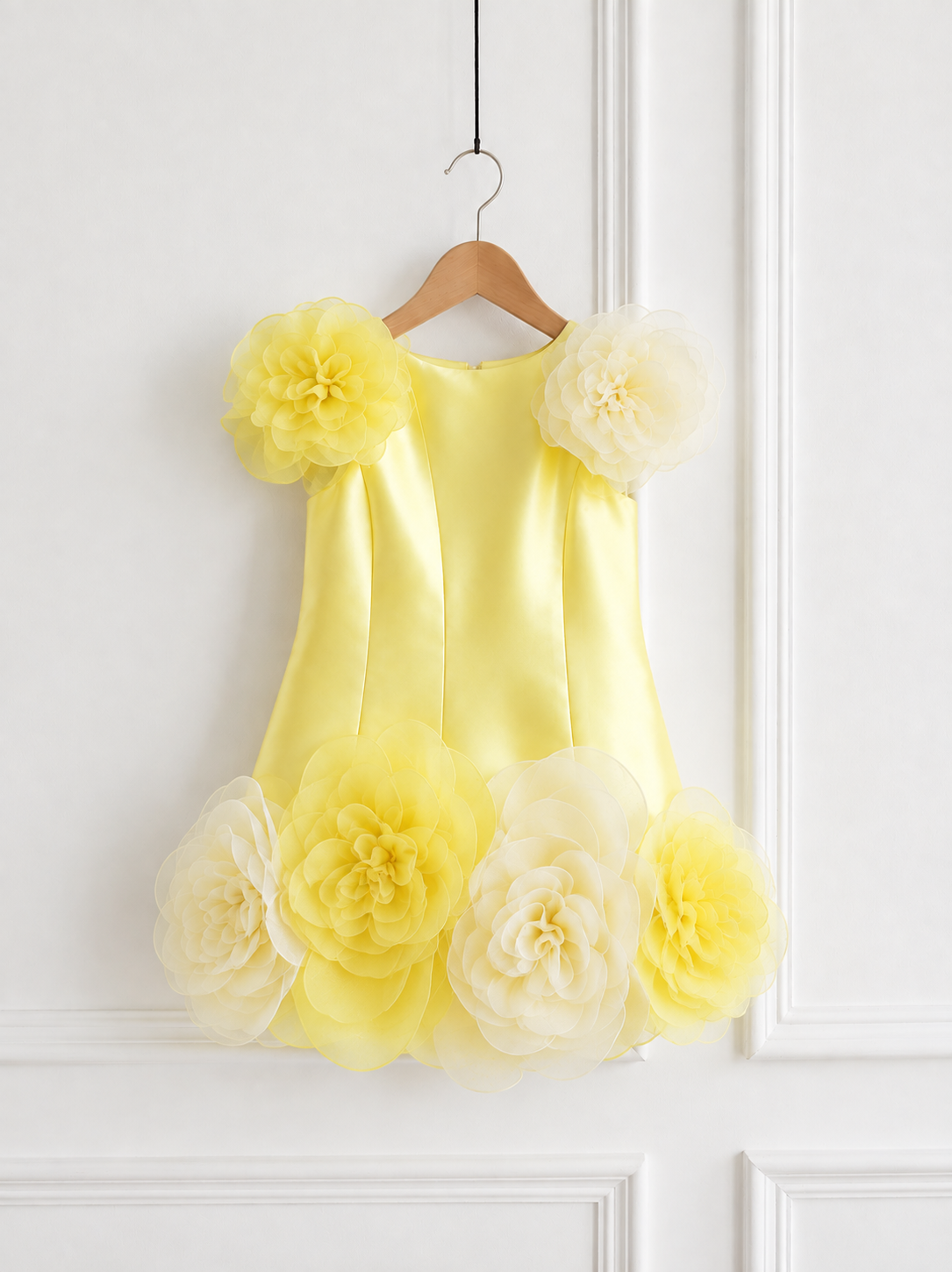 Luxury lemon yellow first birthday dress for baby girl featuring handcrafted organza floral shoulder accents, oversized 3D flower hem, premium satin finish and elegant princess silhouette by Lauren Ann.