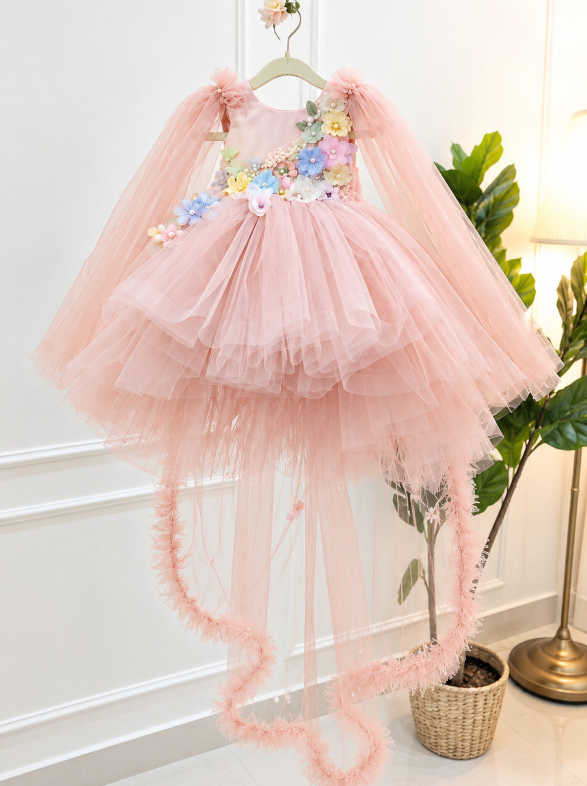 Pastel pink 3D floral fairy dress for girls with colourful flowers and layered tulle skirt