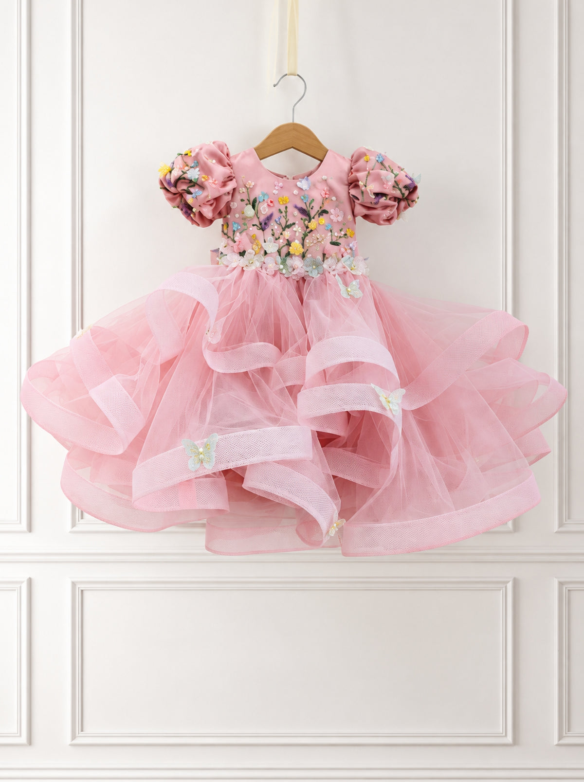 Pink embroidered satin and tulle birthday dress for girls with puff sleeves and full skirt