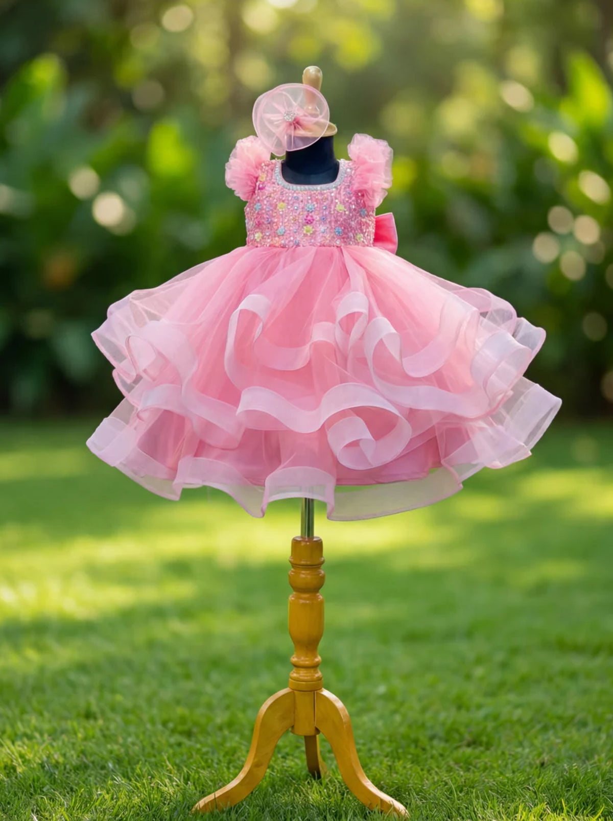 Pink tulle birthday dress for girls with hand-embroidered bodice