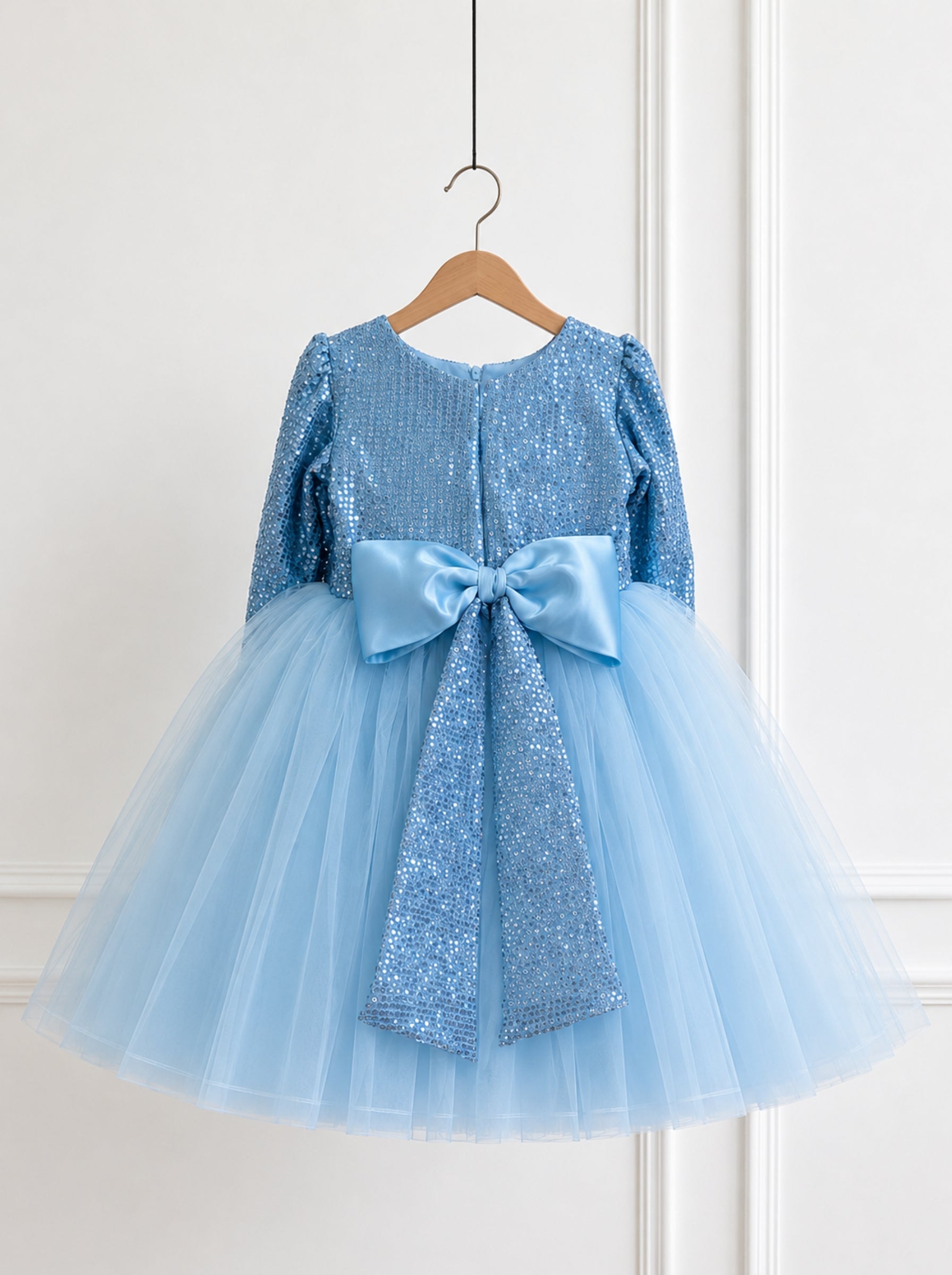 Powder Blue Sequin & Tulle Party Dress with Satin Bow | Long Sleeve Luxury Outfit for Girls
