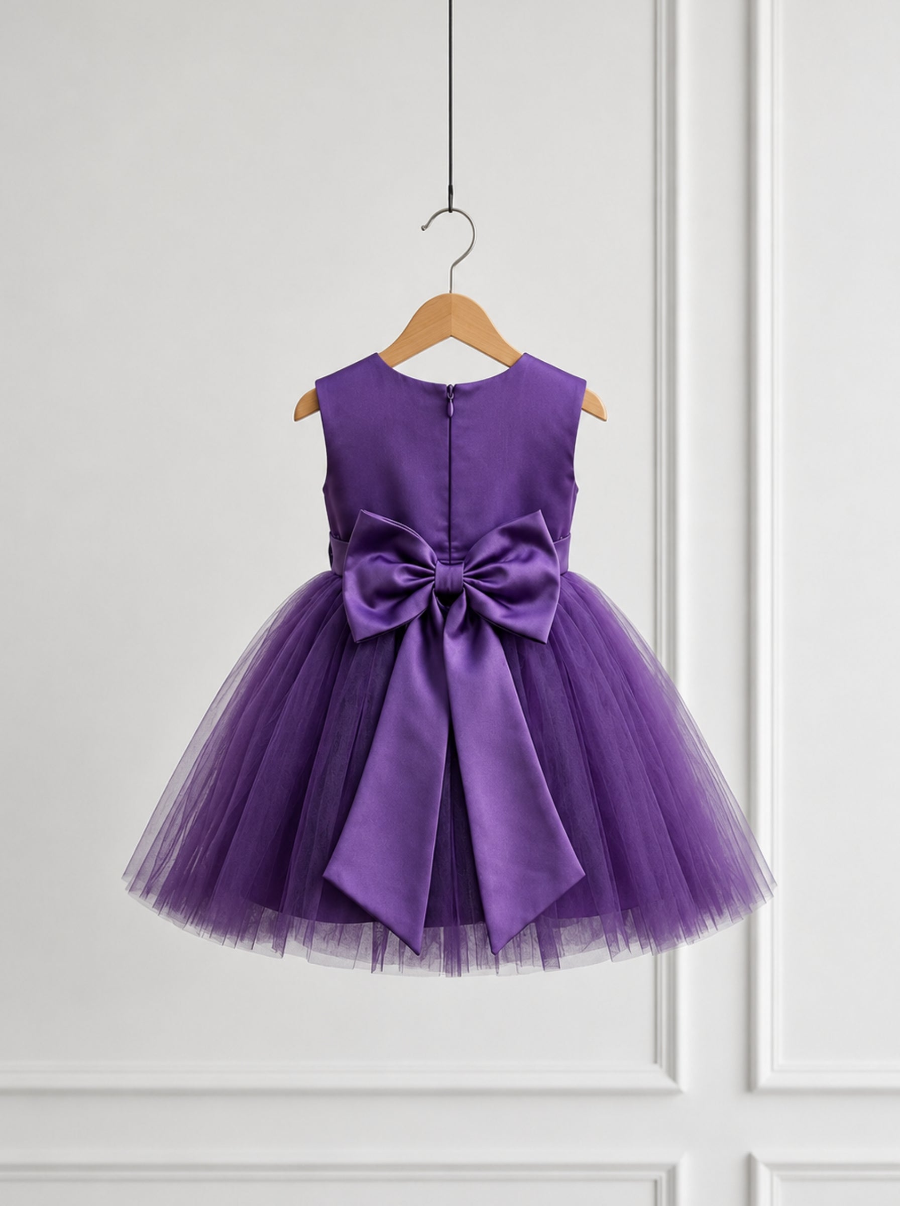 A purple sleeveless children's party dress with a large satin bow at the back and a layered tulle skirt, hanging on a wooden hanger against a white paneled wall.