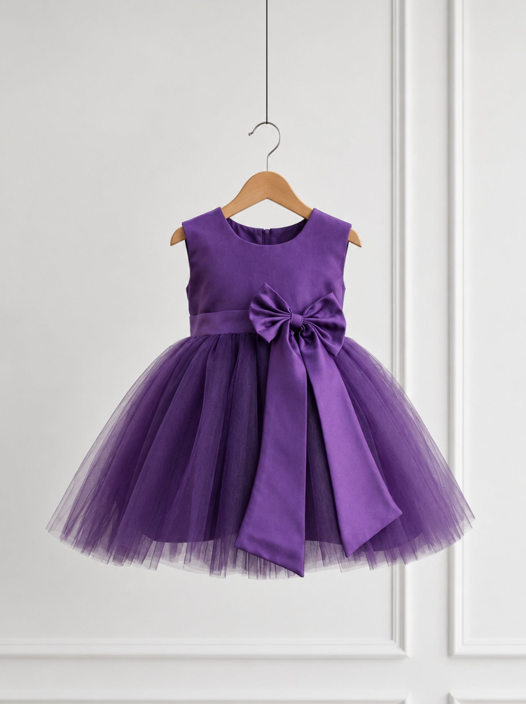A purple sleeveless children's party dress with a tulle skirt and large bow, hanging on a wooden hanger against a white paneled wall.