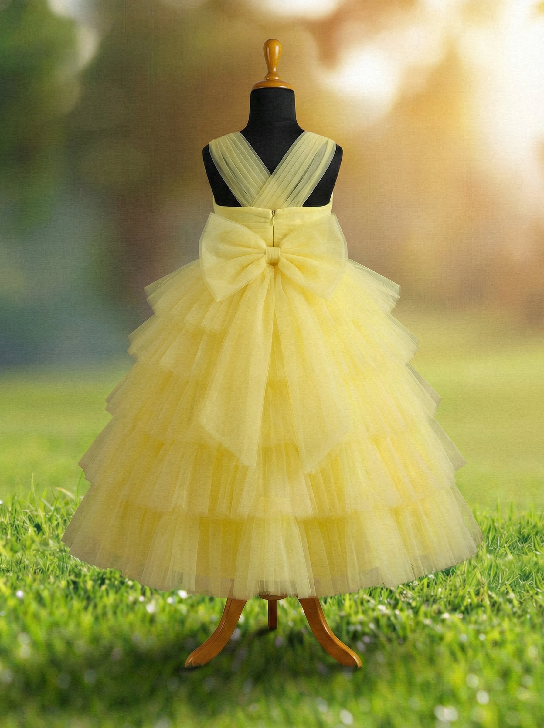 Yellow Layered Tulle Gown for Girls | Floral Waist | Princess Occasion Gown