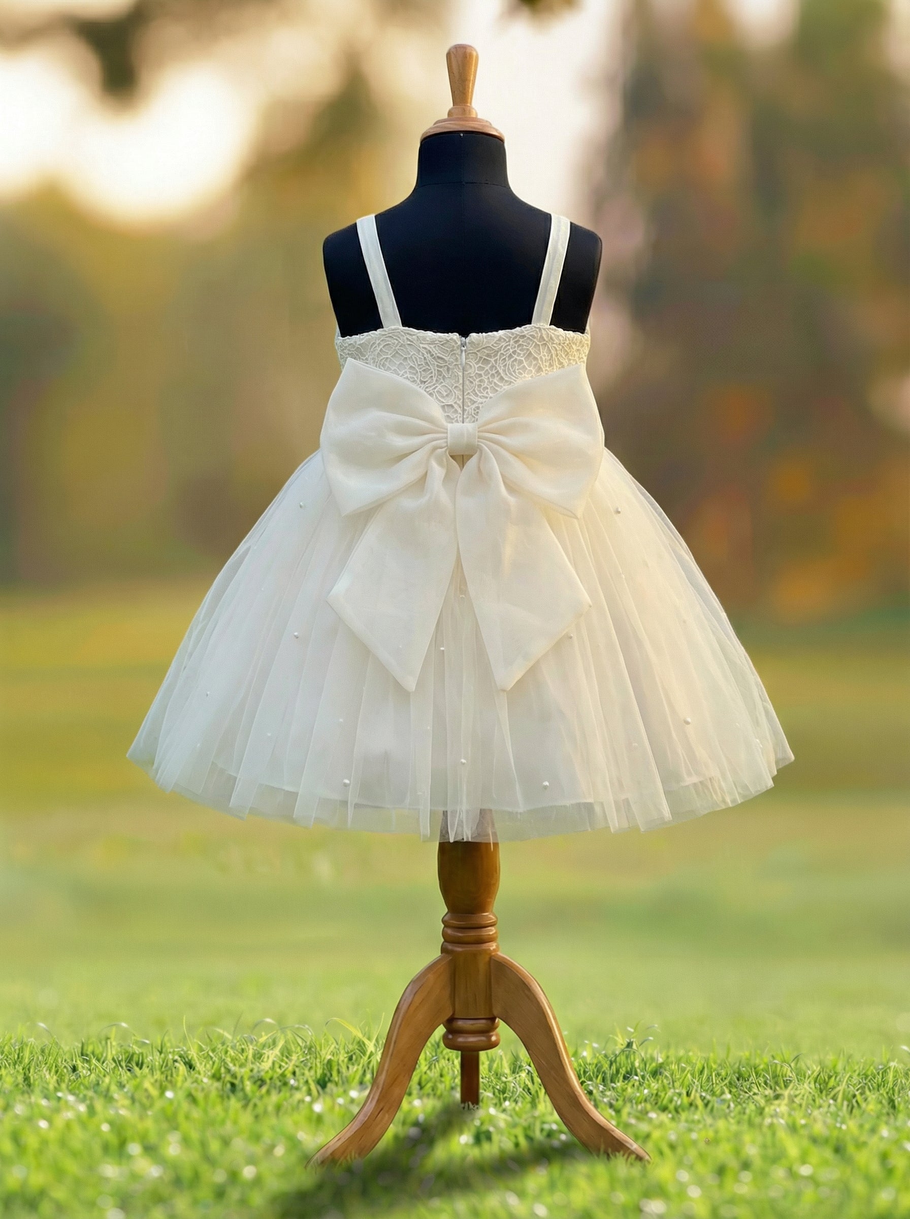 Ivory Flower Girl Dress with Lace Bodice & Pearl Tulle Skirt | Classic Western Wedding Dress for Girls