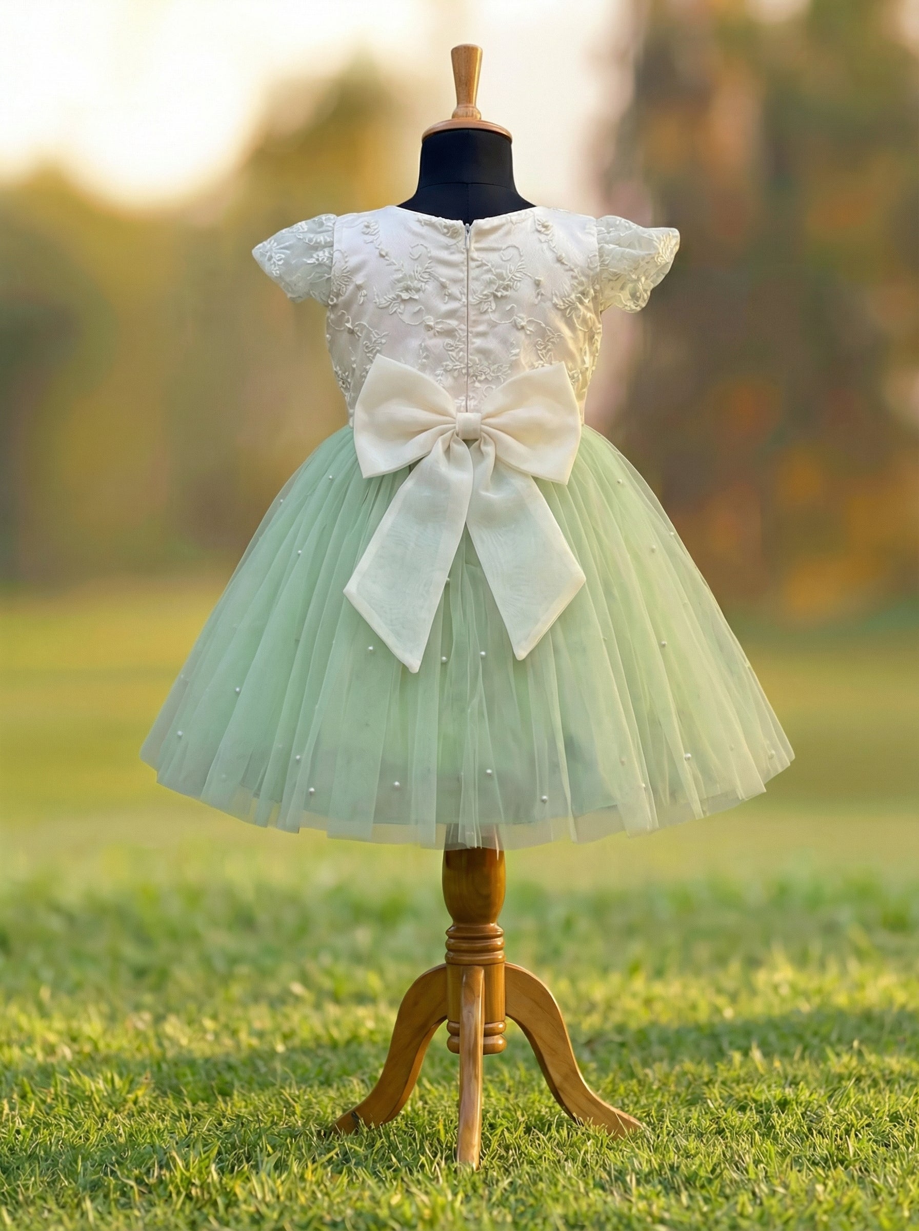 White Embroidered Bodice & Mint Green Tulle Flower Girl Dress with Bow | Special Occasion Dress for Kids