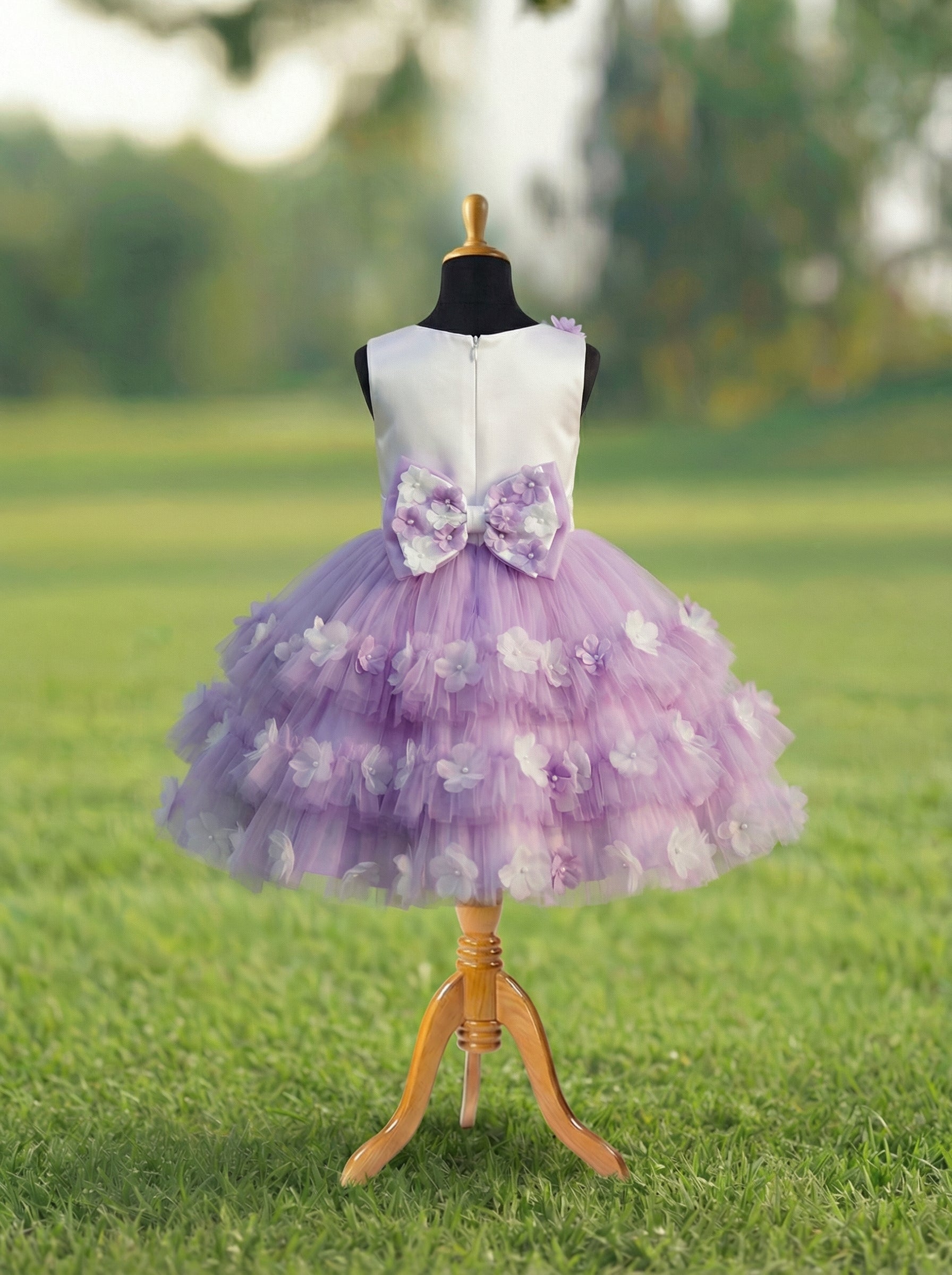 Lavender Flower Appliqué Dress for Girls | Layered Tulle Party Dress | Birthday & Wedding Dress