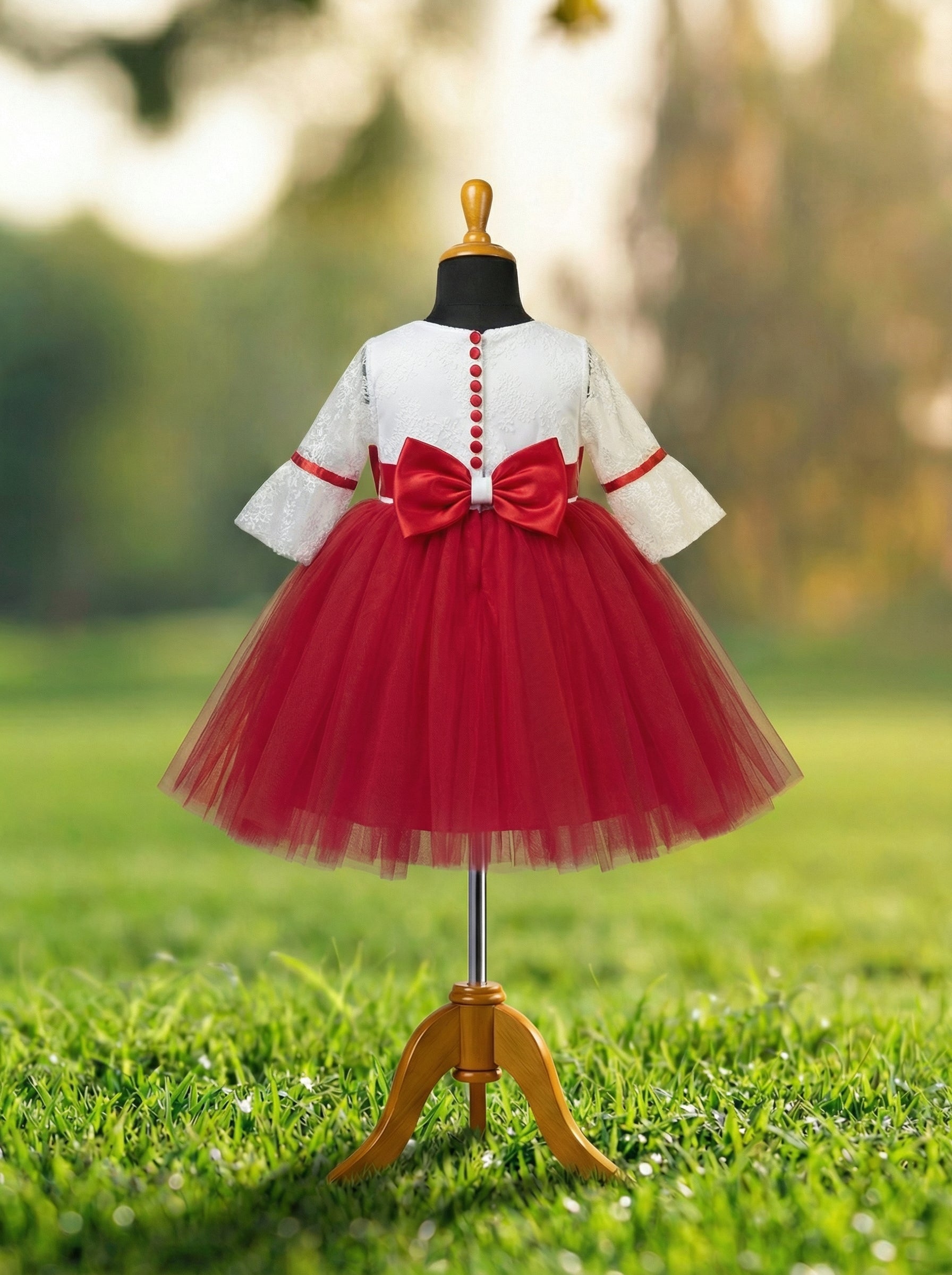 Red & White Lace Flower Girl Dress with Satin Bow and Layered Tulle Skirt
