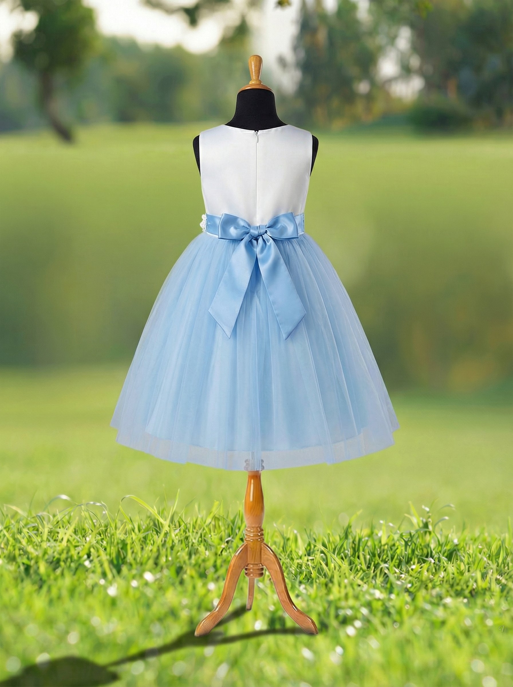 Ivory & Powder Blue Flower Girl Dress with Tulle Skirt | Classic Dress for Flower Girls