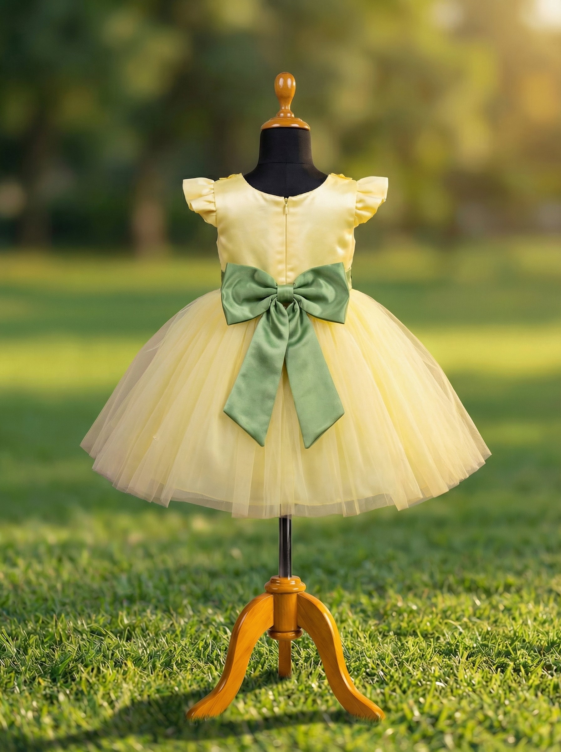 Yellow Floral Embroidered Flower Girl Dress with Green Bow & Soft Tulle Skirt