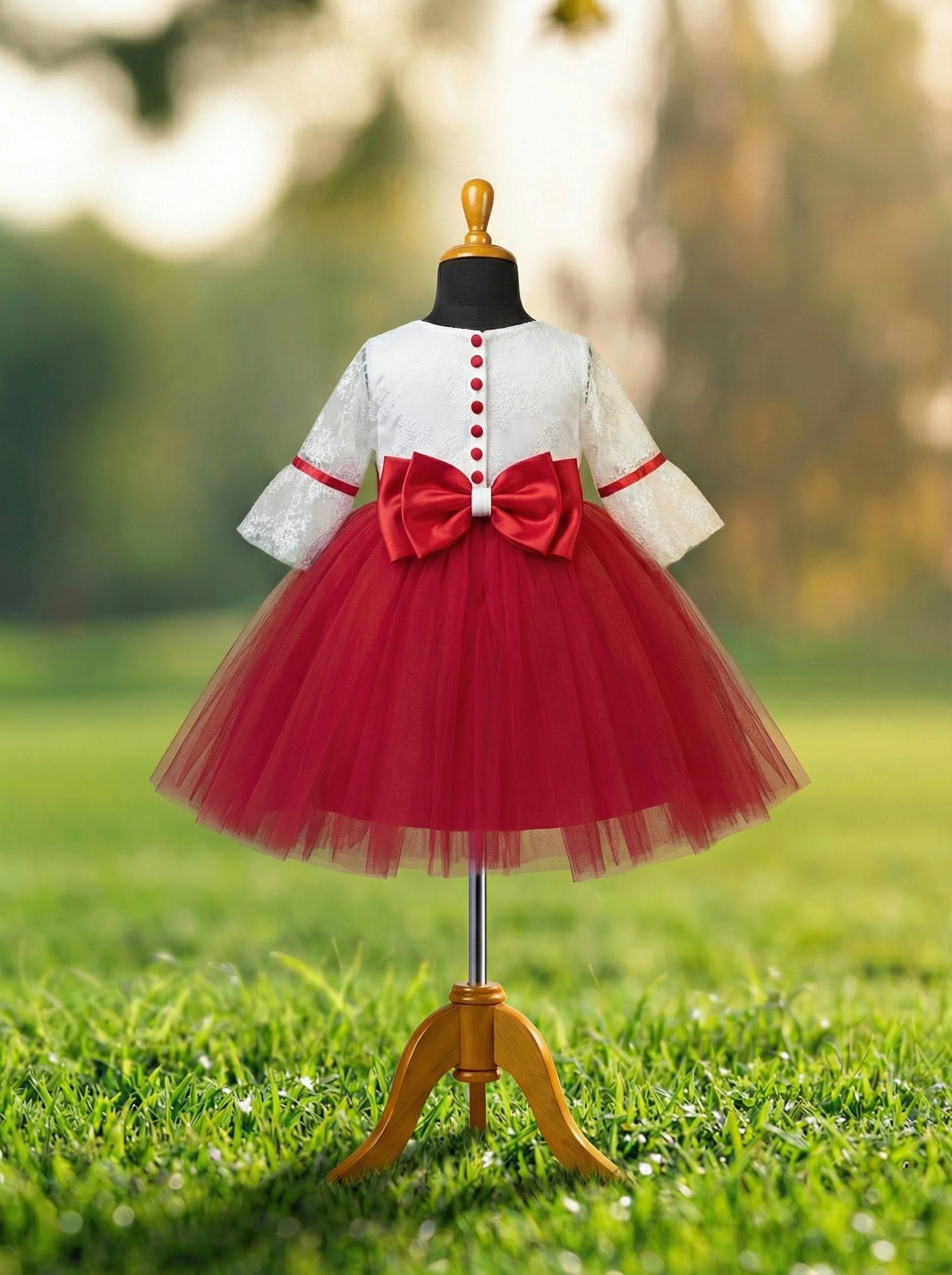 Red & White Lace Flower Girl Dress with Satin Bow, Layered Tulle Skirt and Lantern Sleeves