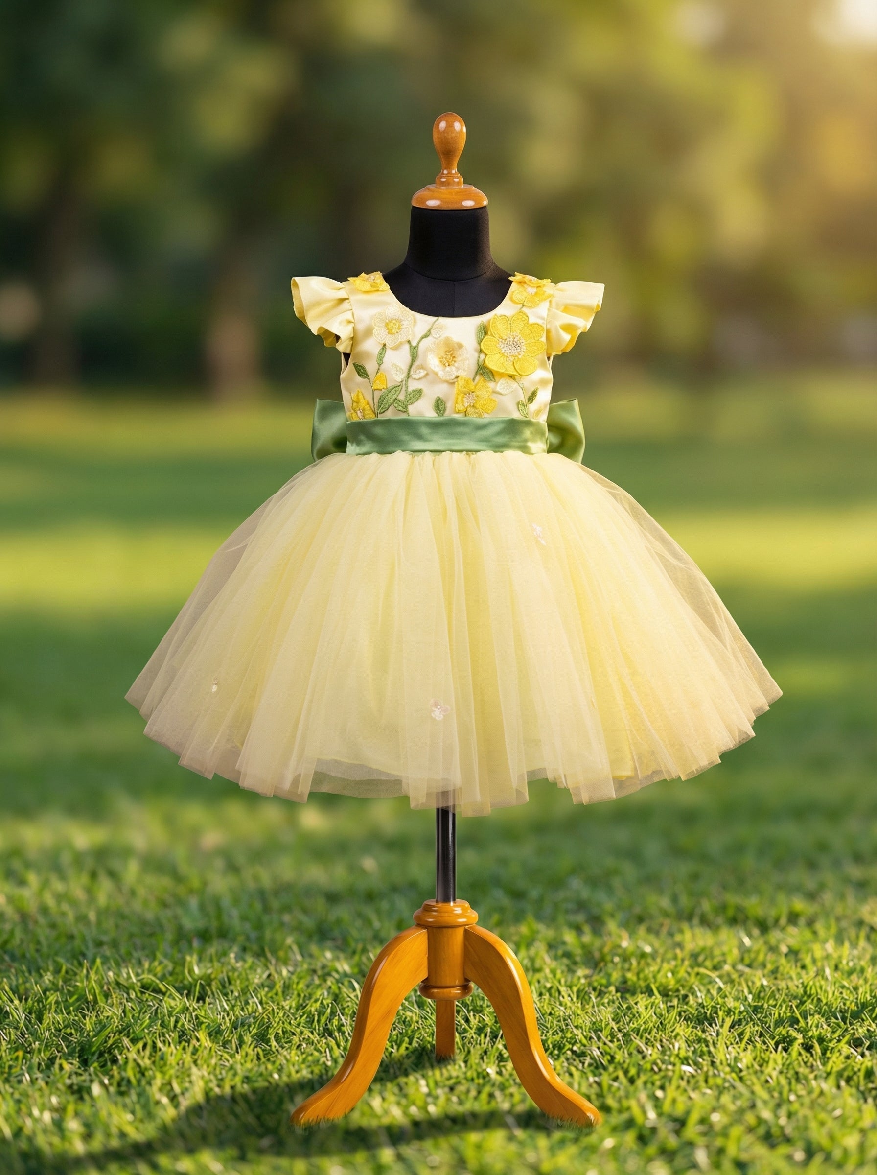 Yellow Floral Embroidered Flower Girl Dress with Green Bow & Soft Tulle Skirt