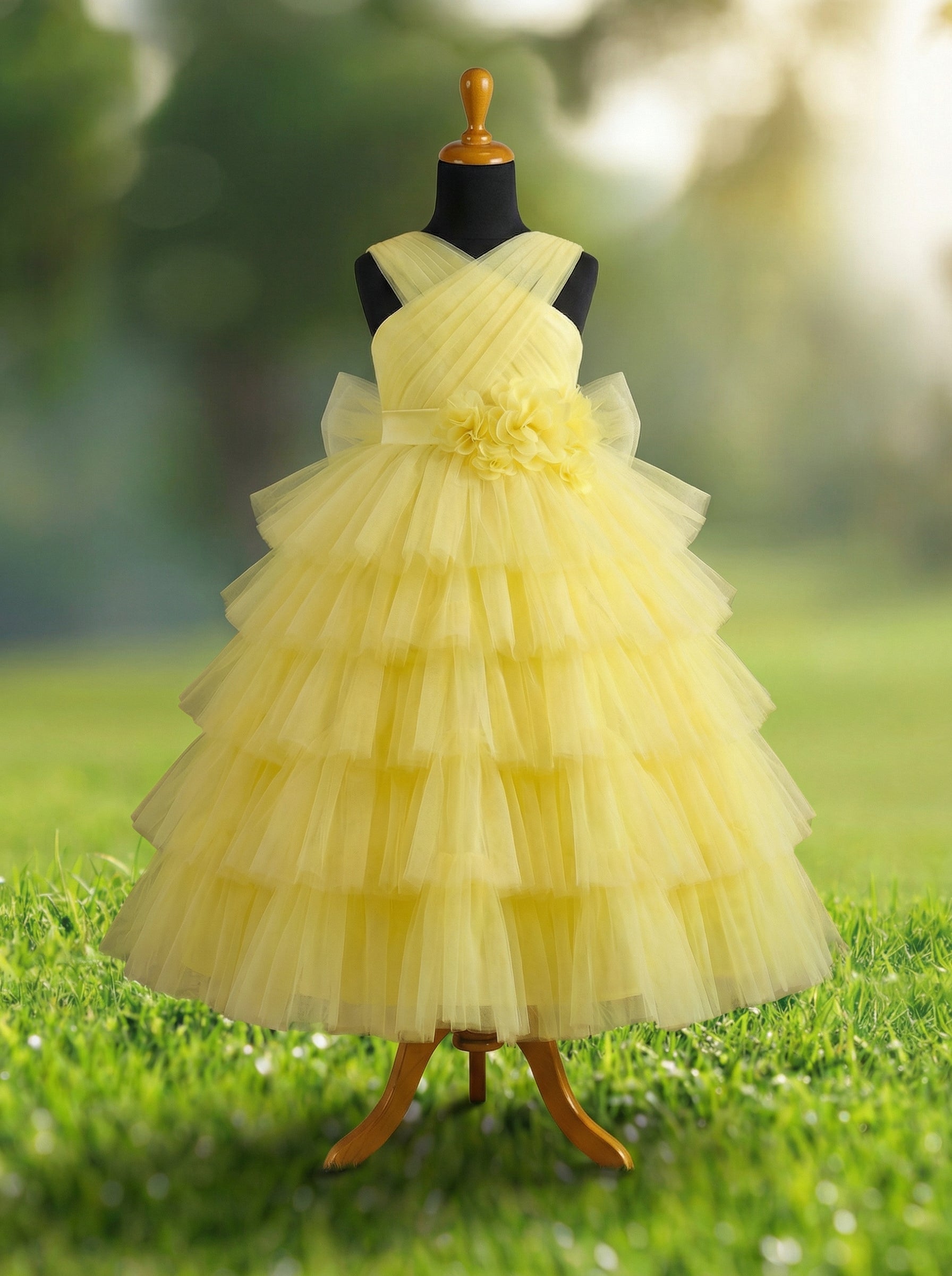Yellow Layered Tulle Gown for Girls | Floral Waist | Princess Occasion Gown