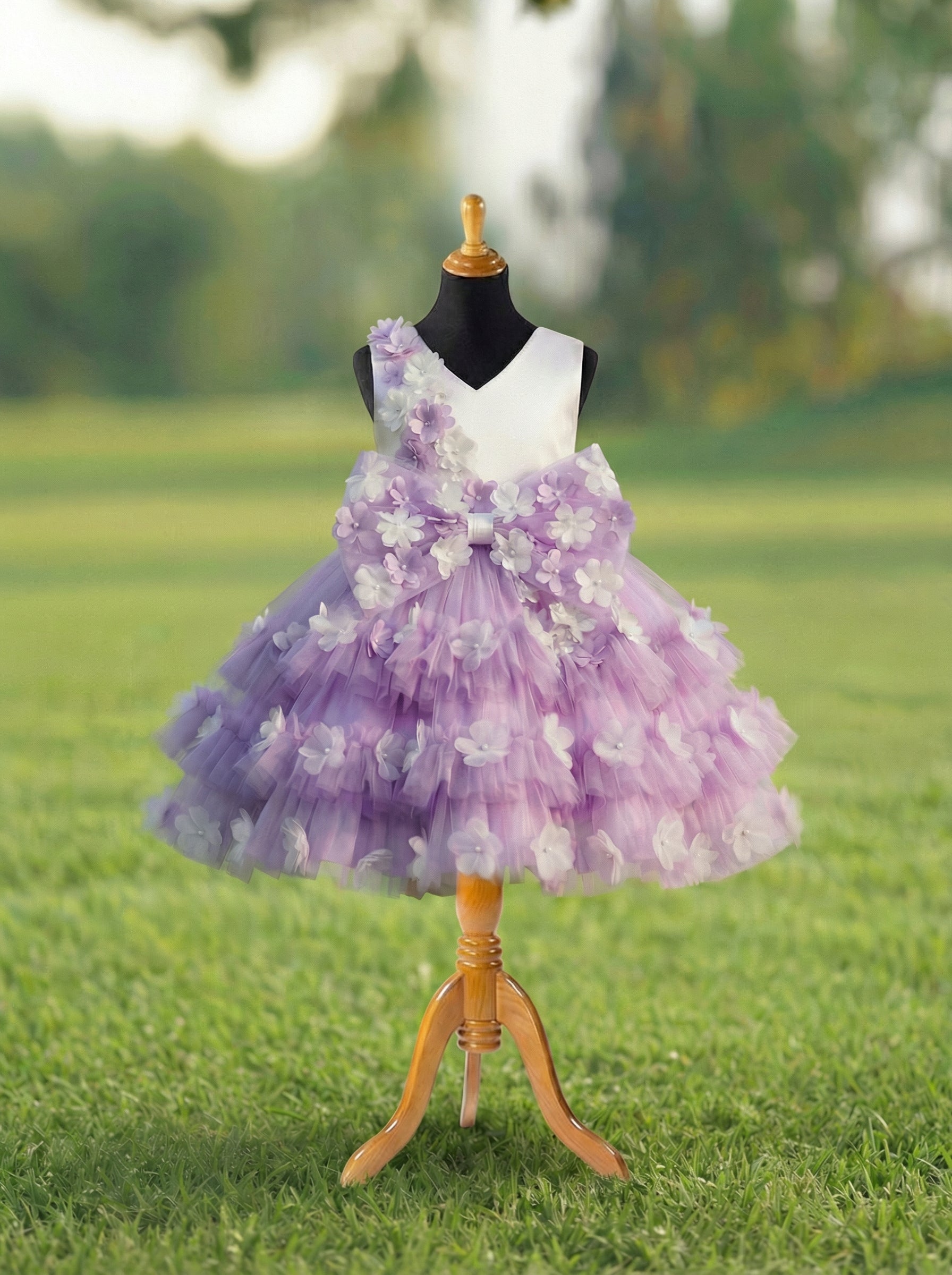 Lavender Flower Appliqué Dress for Girls | Layered Tulle Party Dress | Birthday & Wedding Dress