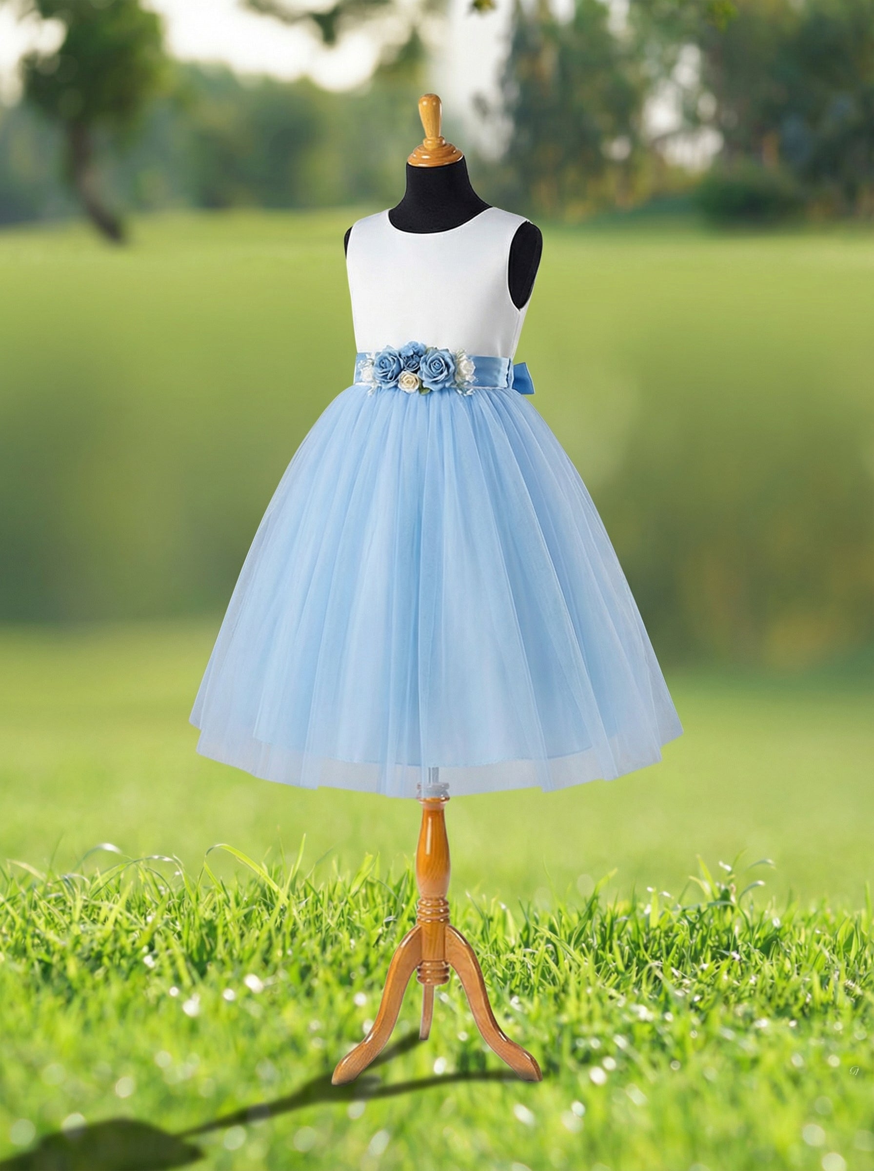 Ivory & Powder Blue Flower Girl Dress with Tulle Skirt | Classic Dress for Flower Girls