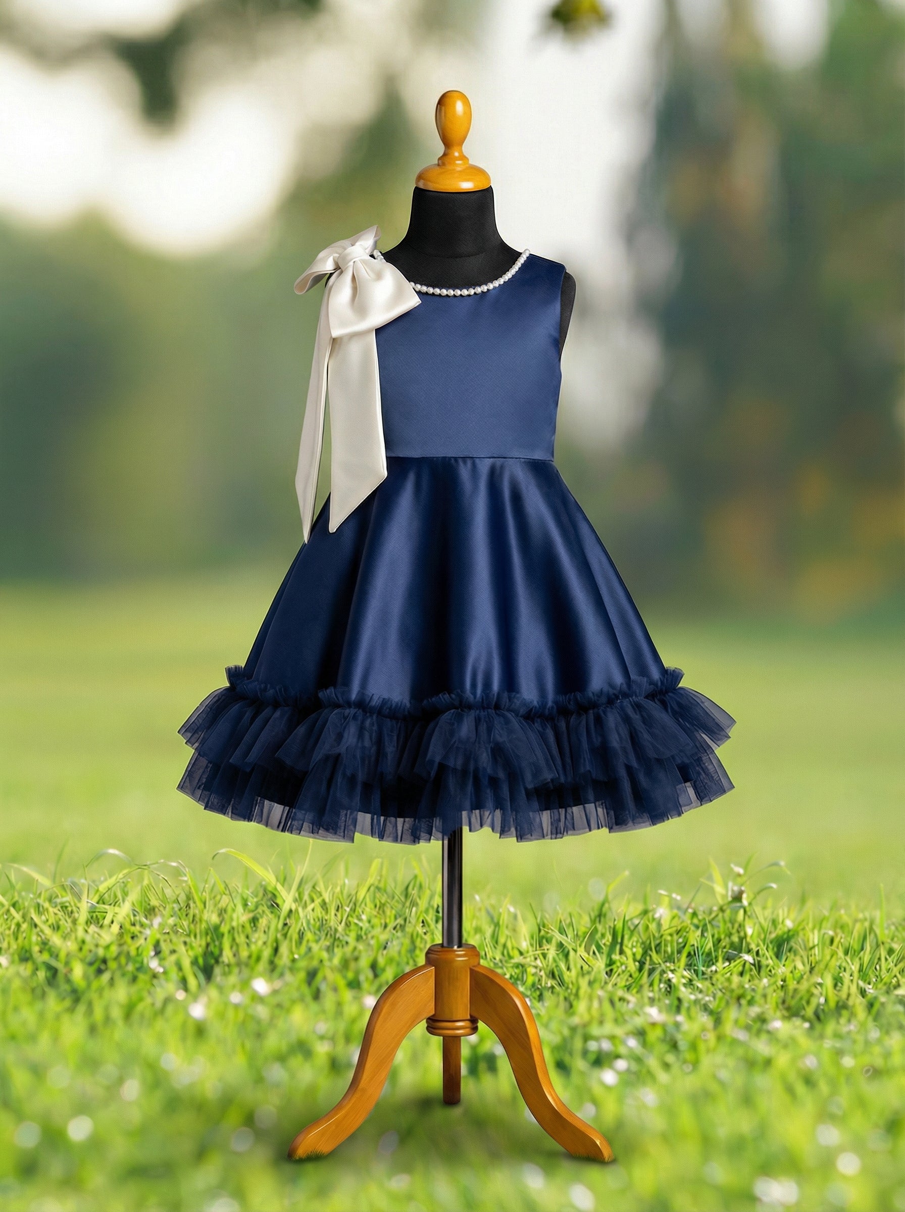 Navy Blue Pearl Embellished Dress with Ivory Bow | Sleeveless Party Dress for Girls