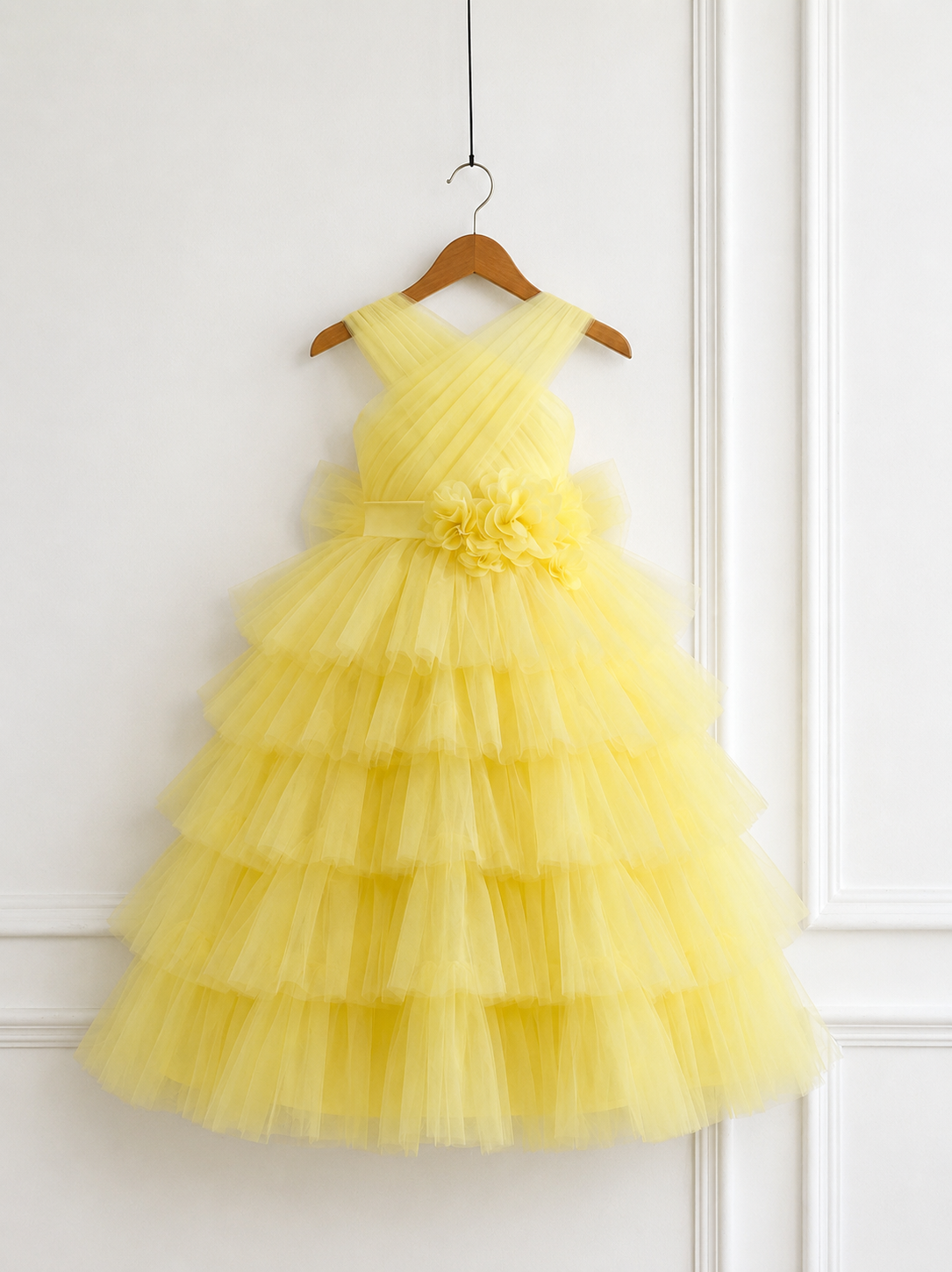 Sunshine yellow tiered tulle birthday dress for girls with a voluminous princess silhouette.