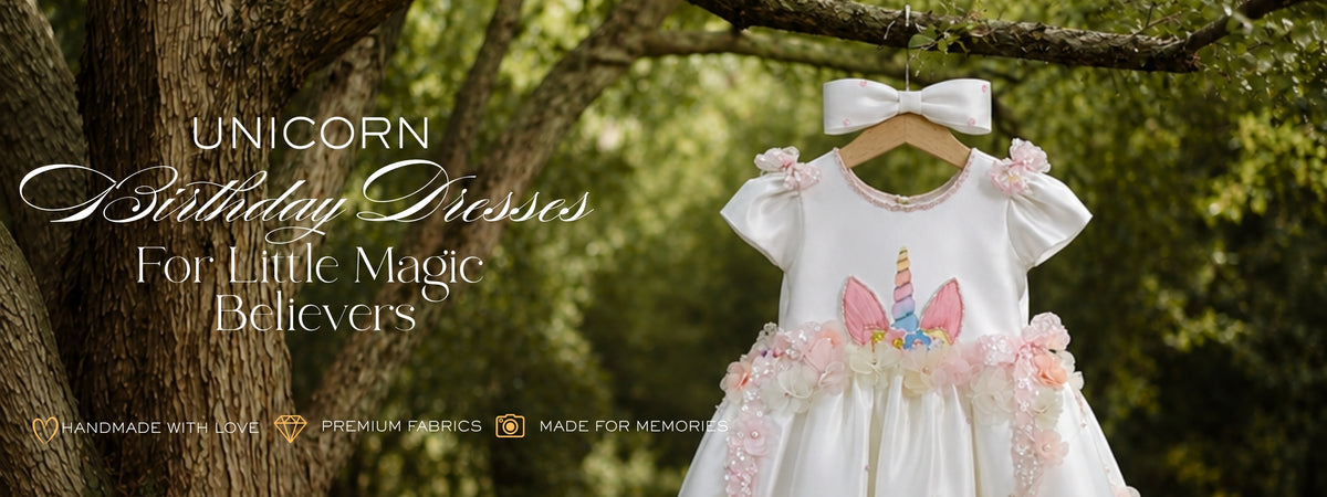 Designer unicorn birthday dresses for little girls featuring magical handcrafted designs for princess birthday celebrations by Lauren Ann.
