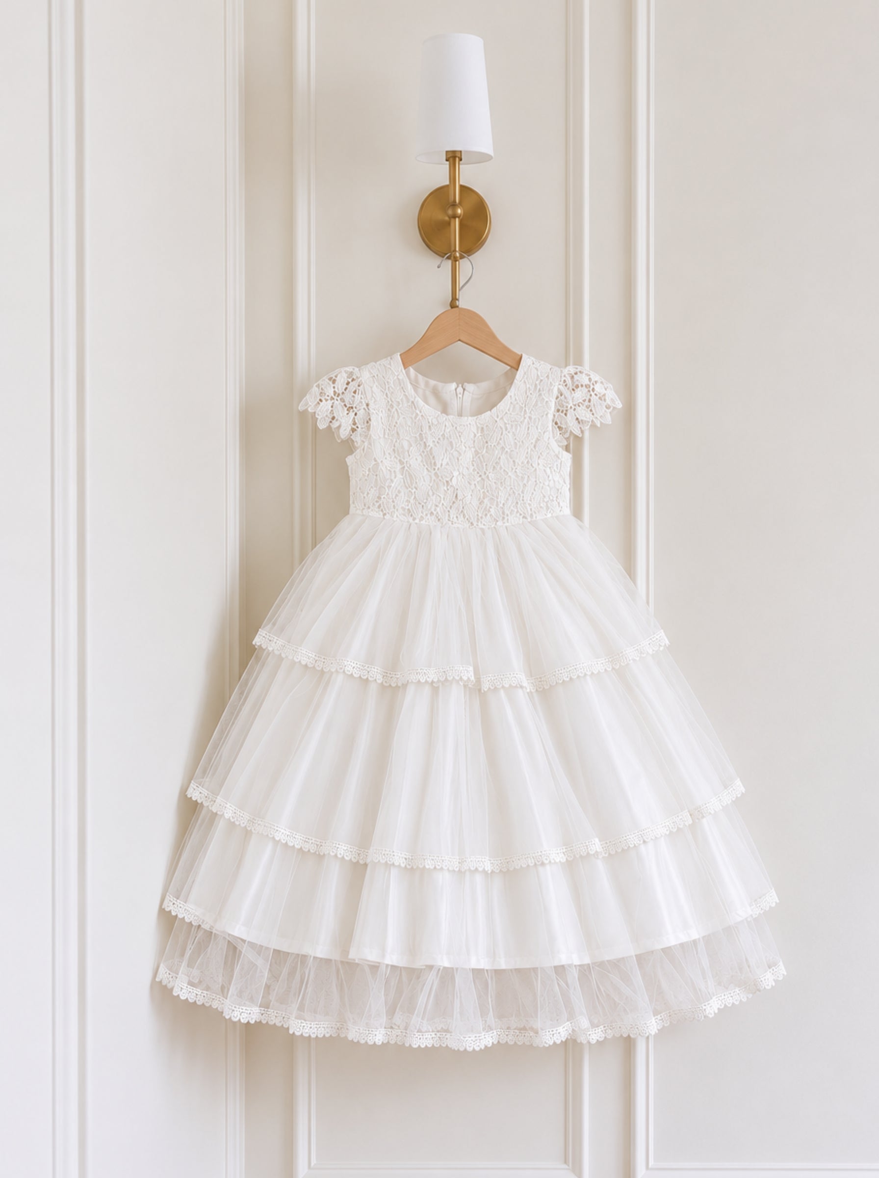 White Communion and Baptism dress for girls with lace bodice and tiered tulle skirt